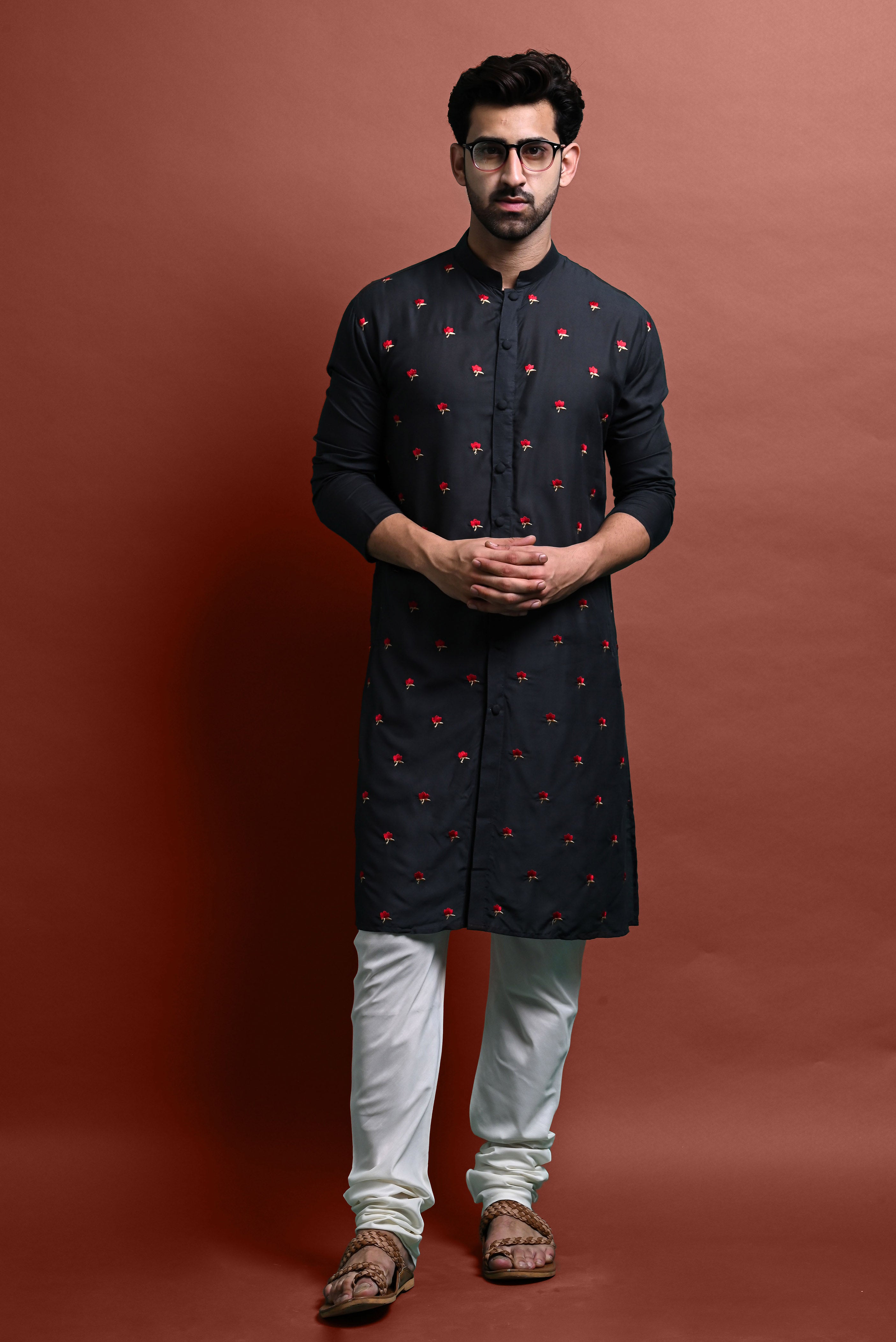 Black Embroidered Kurta With Churidar Set For Men Vesham Retails