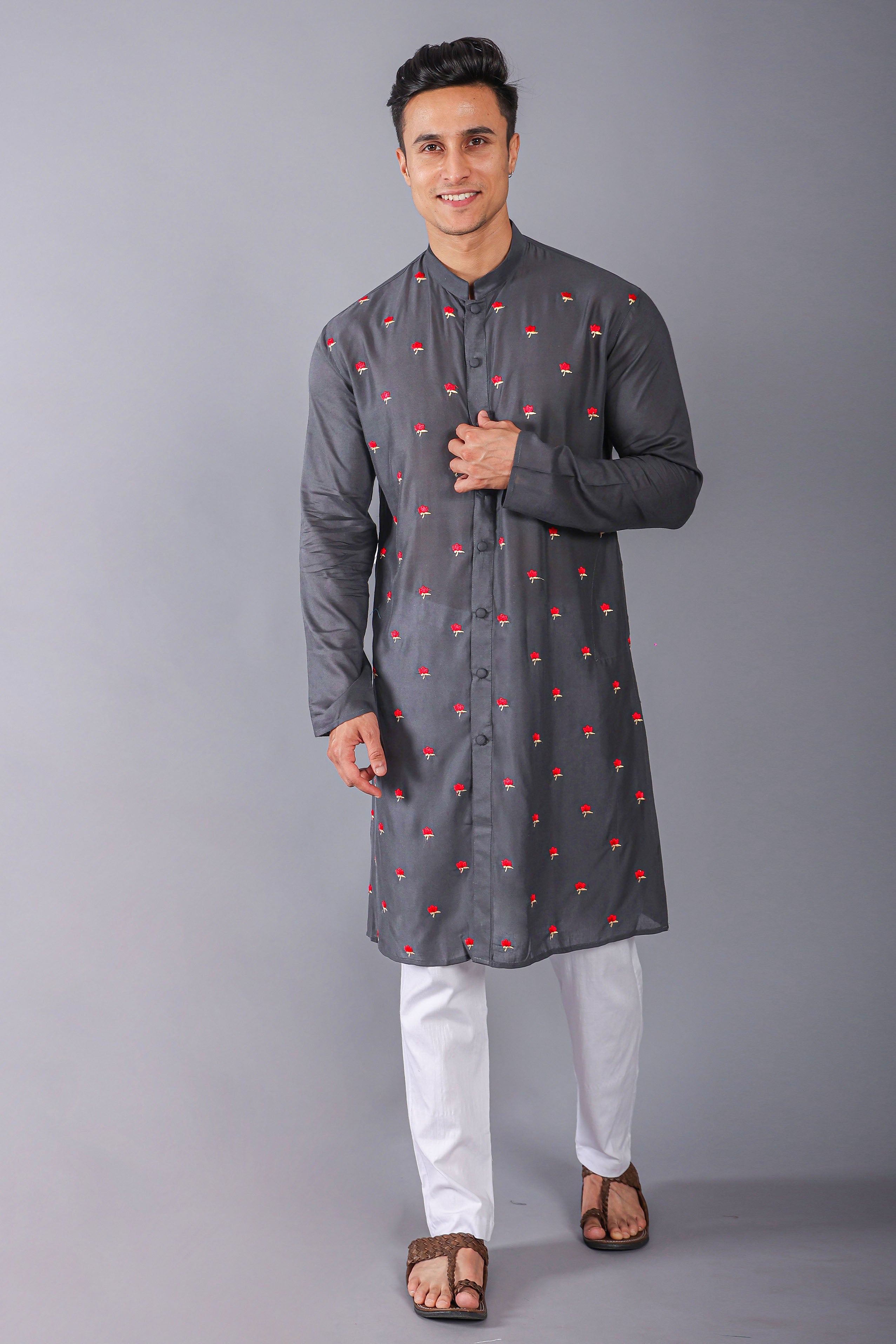 Grey Embroidered Kurta With Churidar Set For Men Vesham Retails