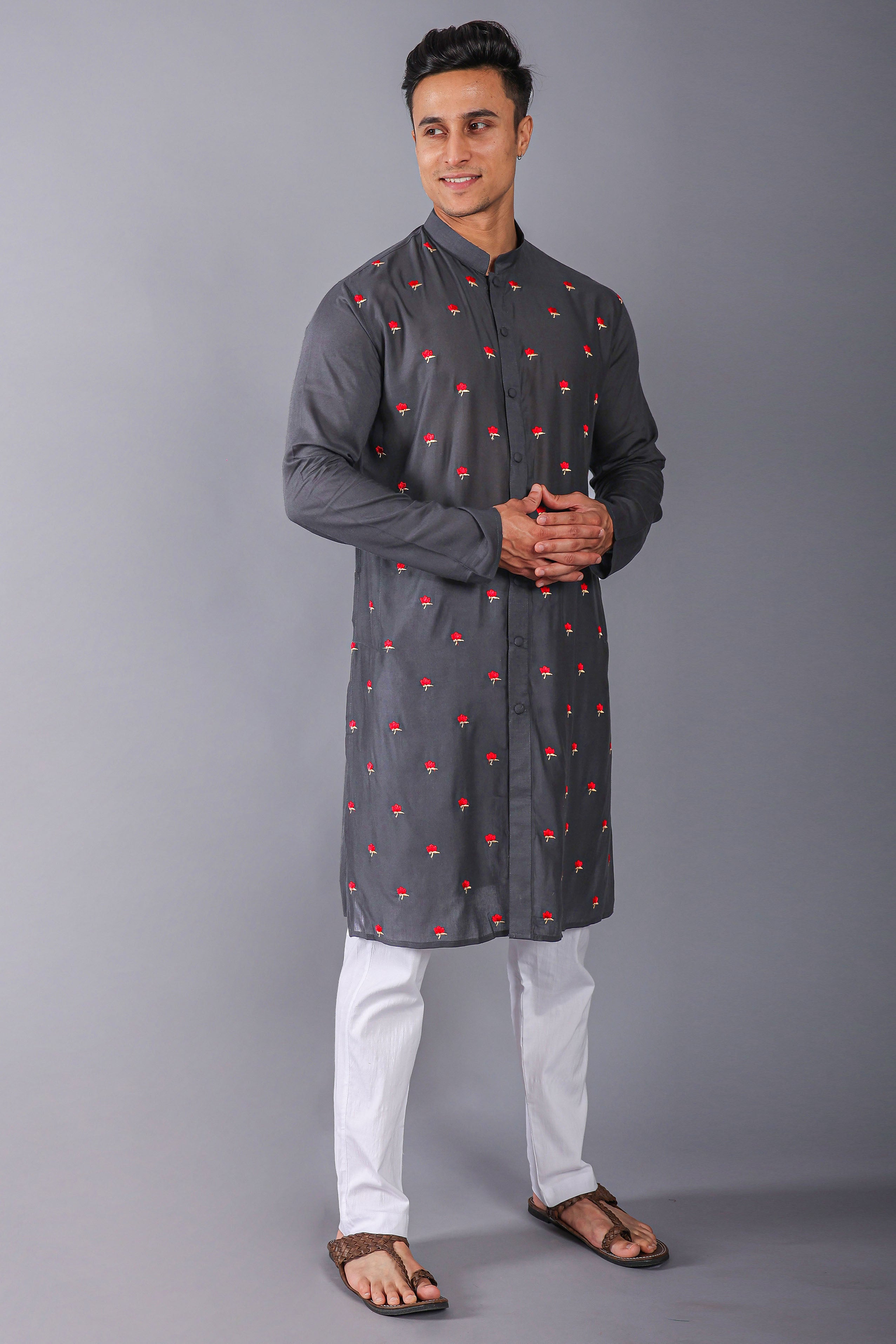 Grey Embroidered Kurta With Churidar Set For Men Vesham Retails