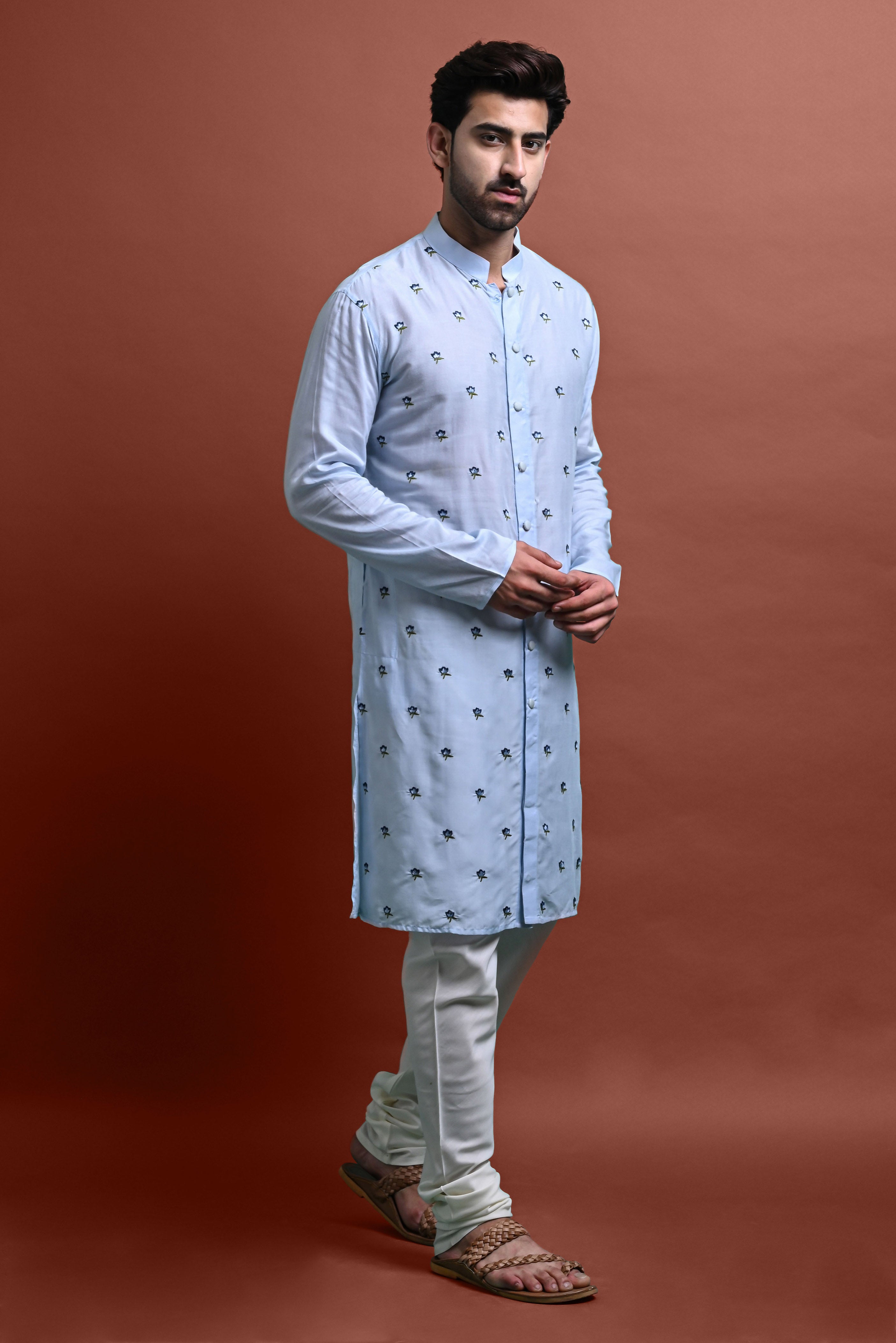 Blue Embroidered Kurta With Churidar Set For Men Vesham Retails