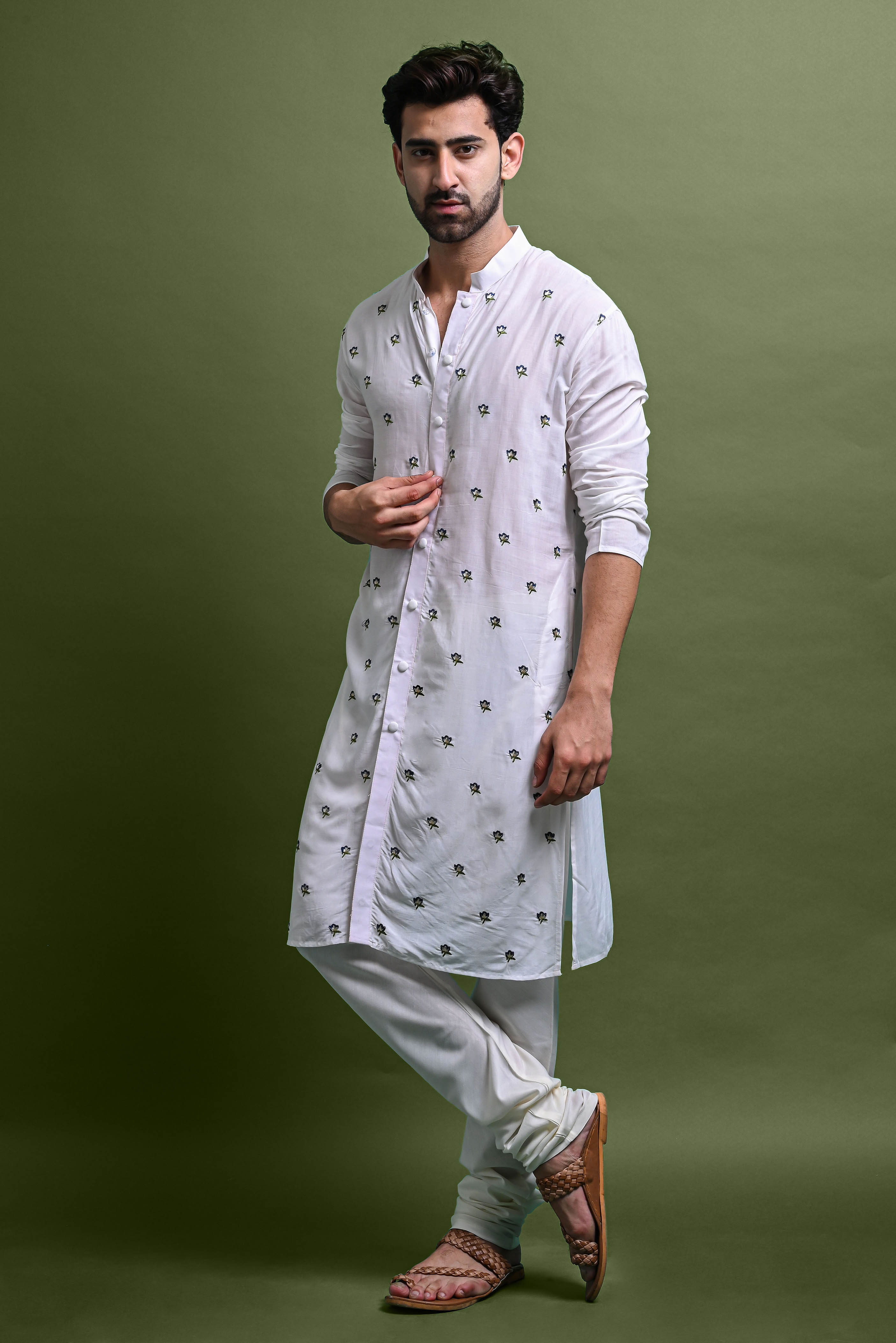 Cream Embroidered Kurta With Churidar Set For Men Vesham Retails