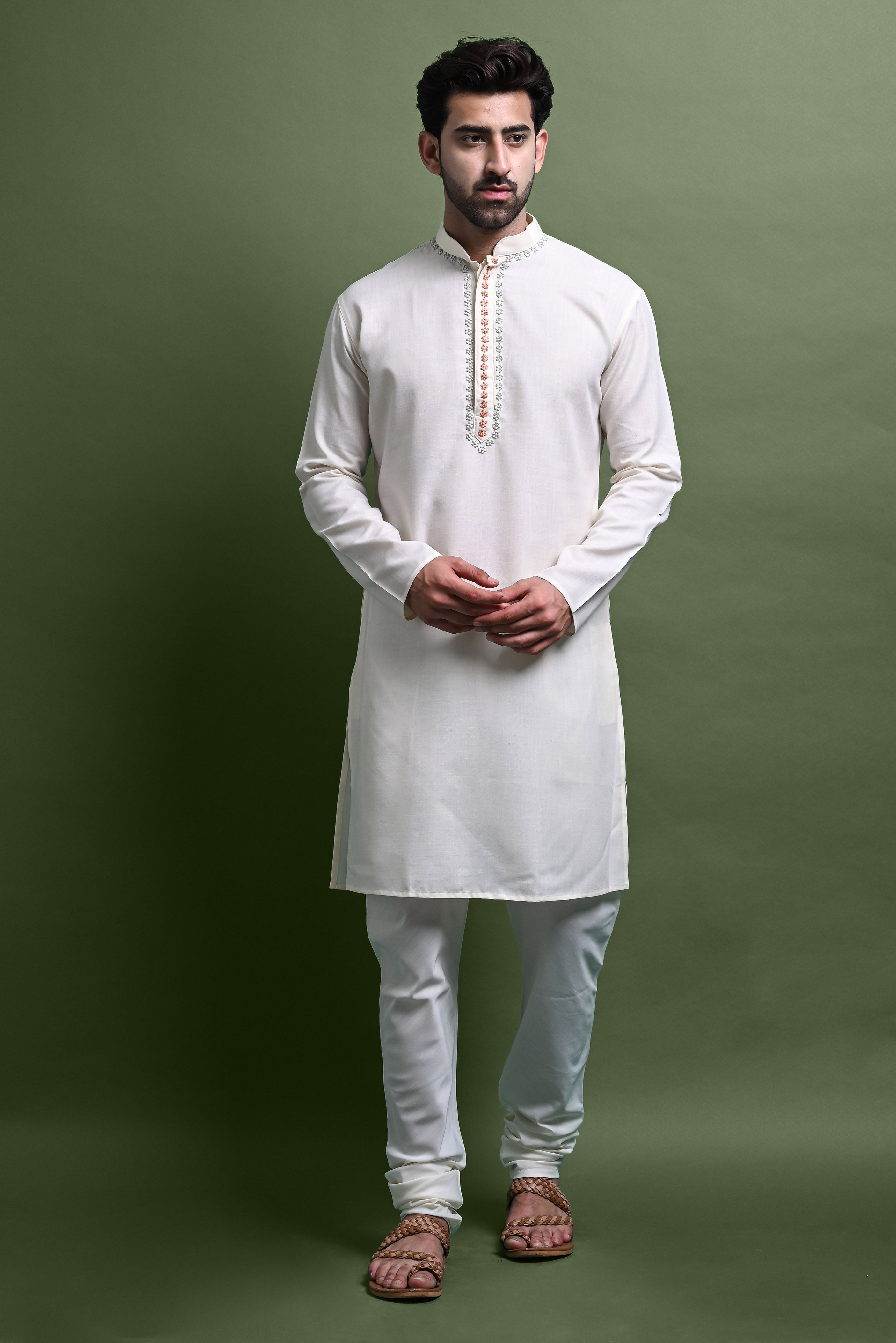 Cream Embroidered Kurta With Churidar Set For Men Vesham Retails