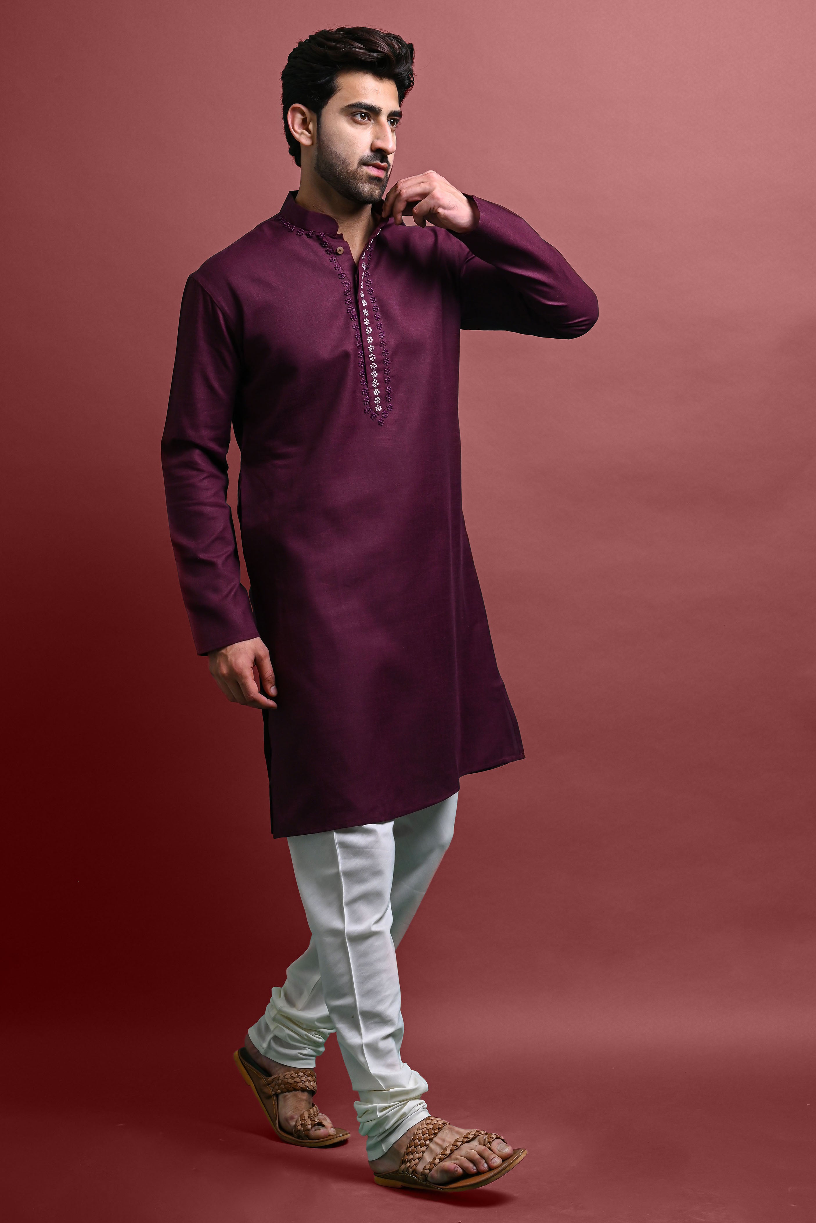 Burgundy Embroidered Kurta With Churidar Set For Men Vesham Retails