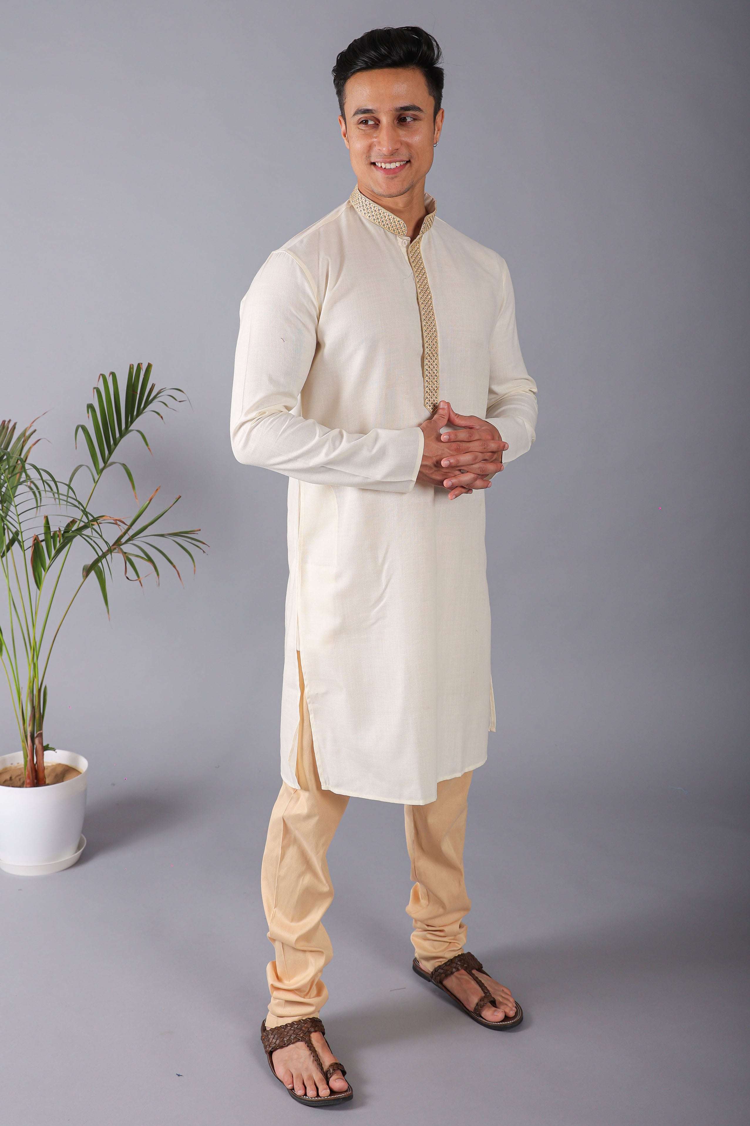 Cream Embroidered Kurta With Pajama Set For Men Vesham Retails