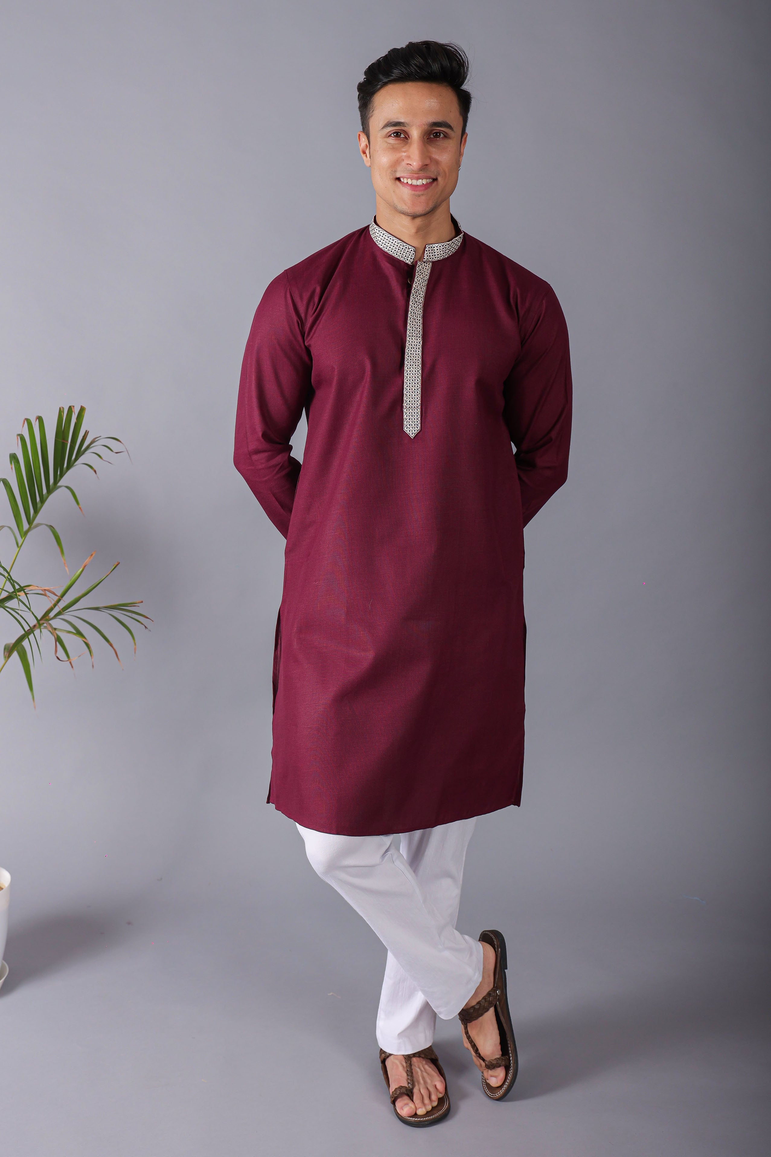 Burgundy Embroidered Kurta With Pajama Set For Men Vesham Retails