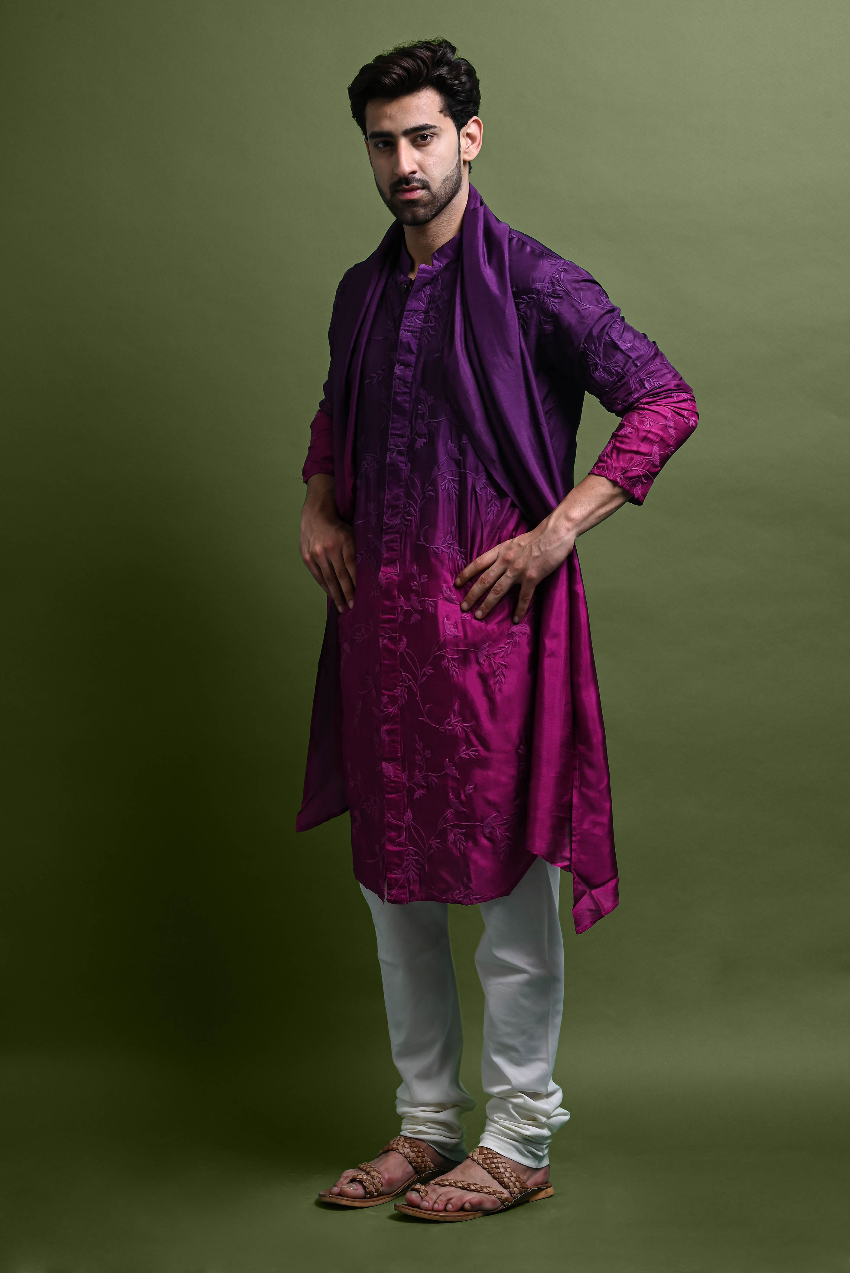 Purple Embroidered Kurta With Churidar Set For Men Vesham Retails