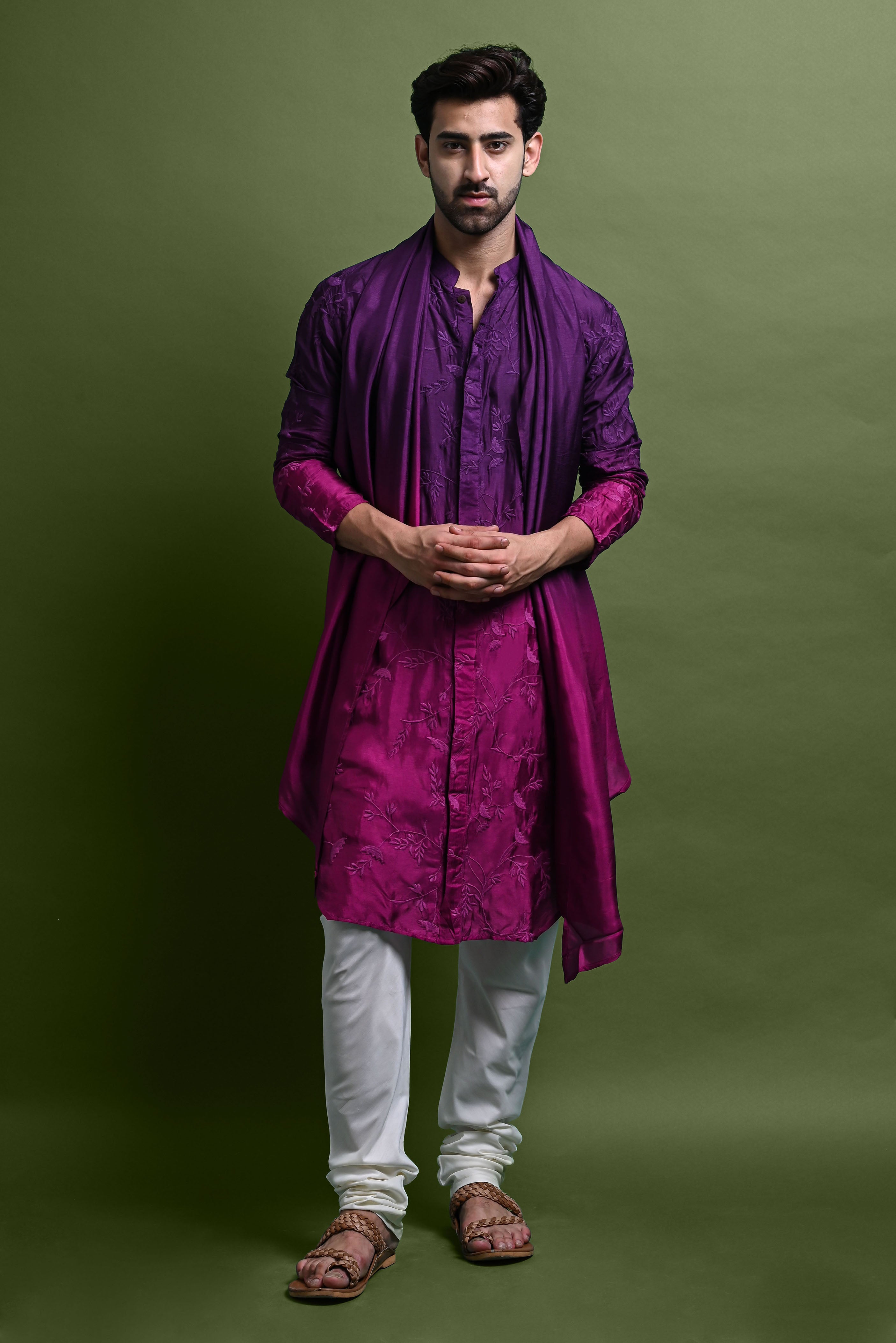 Purple Embroidered Kurta With Churidar Set For Men Vesham Retails