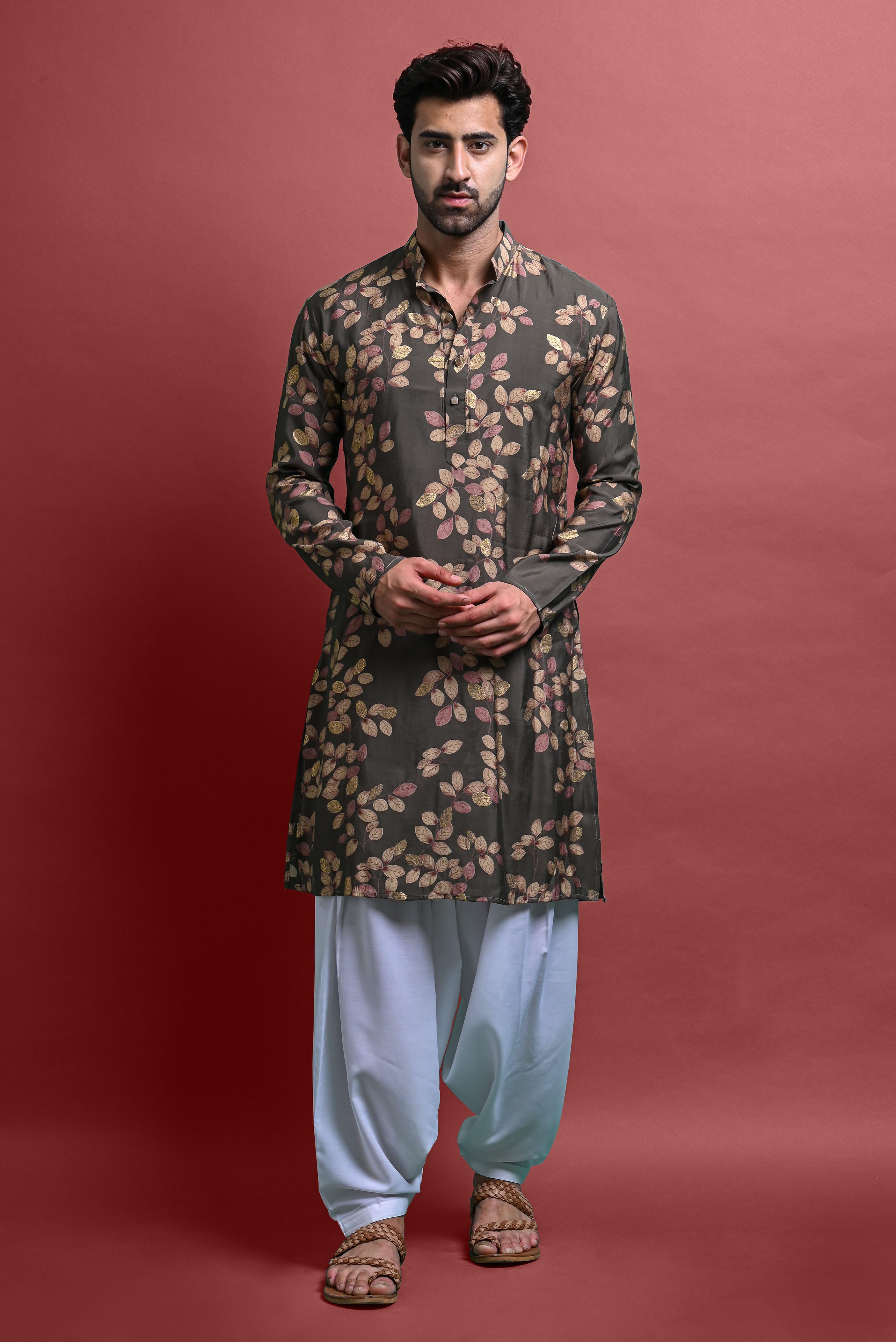 Brown Mens Printed Kurta Patiyala For Men Vesham Retails