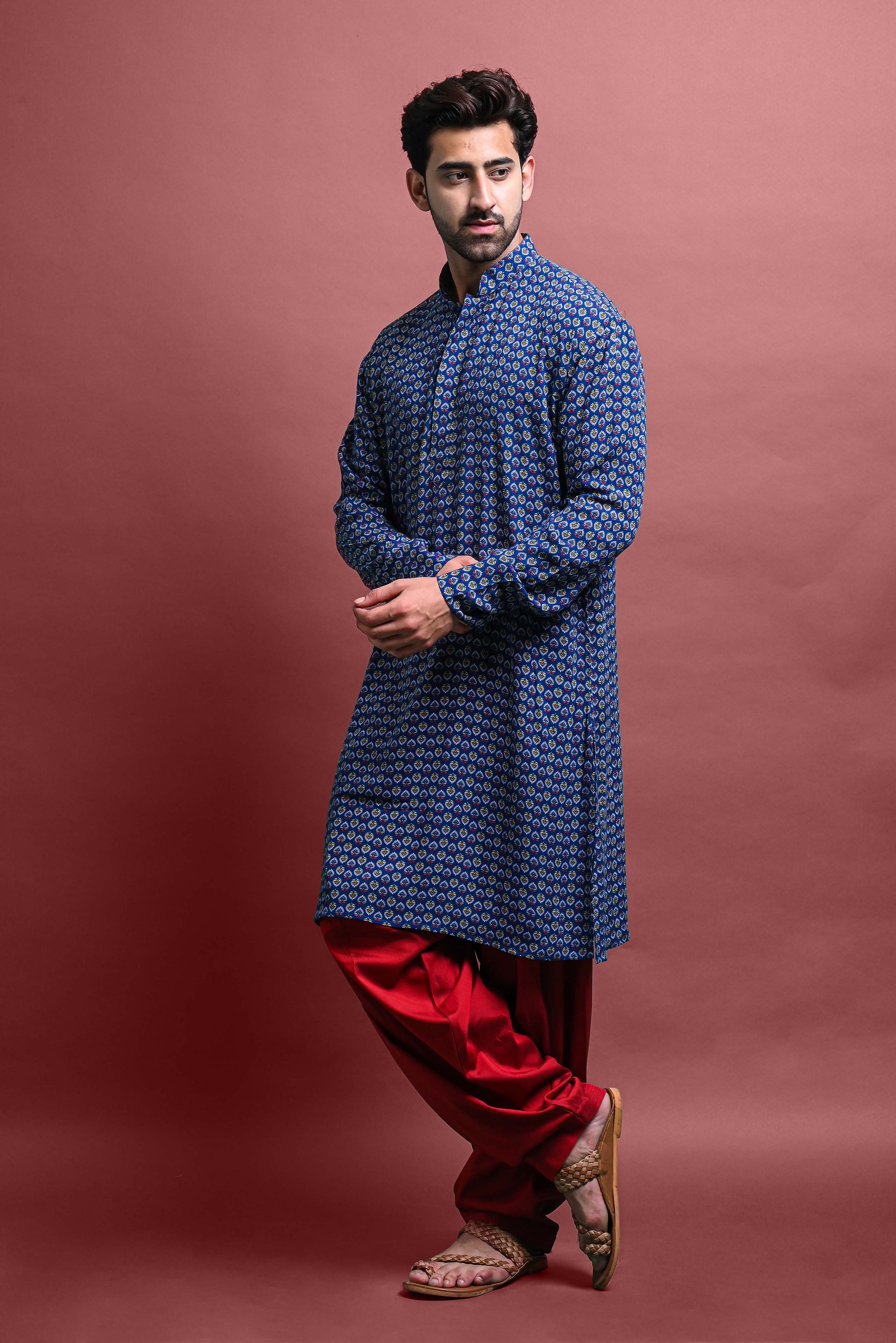 Blue Mens Printed Kurta Patiyala For Men Vesham Retails