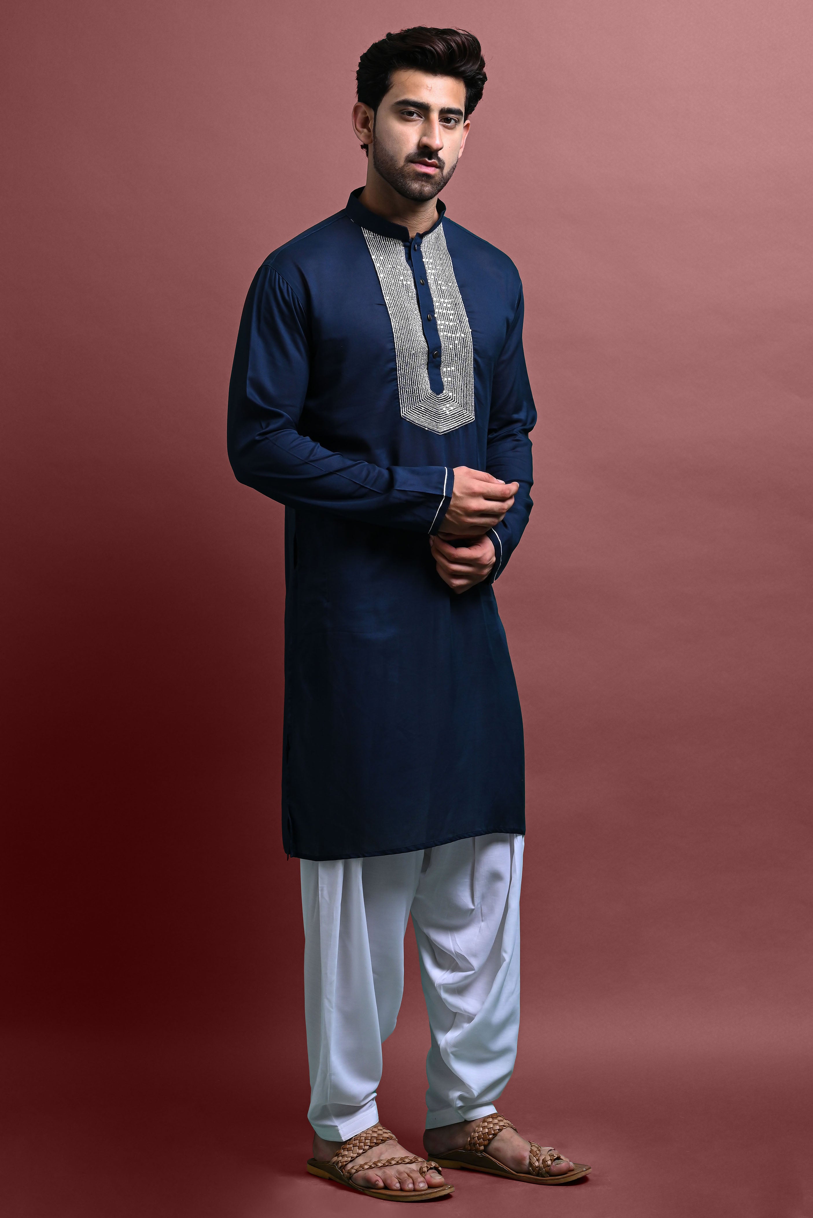 Blue Embroidered Kurta With Patiyala Set For Men Vesham Retails