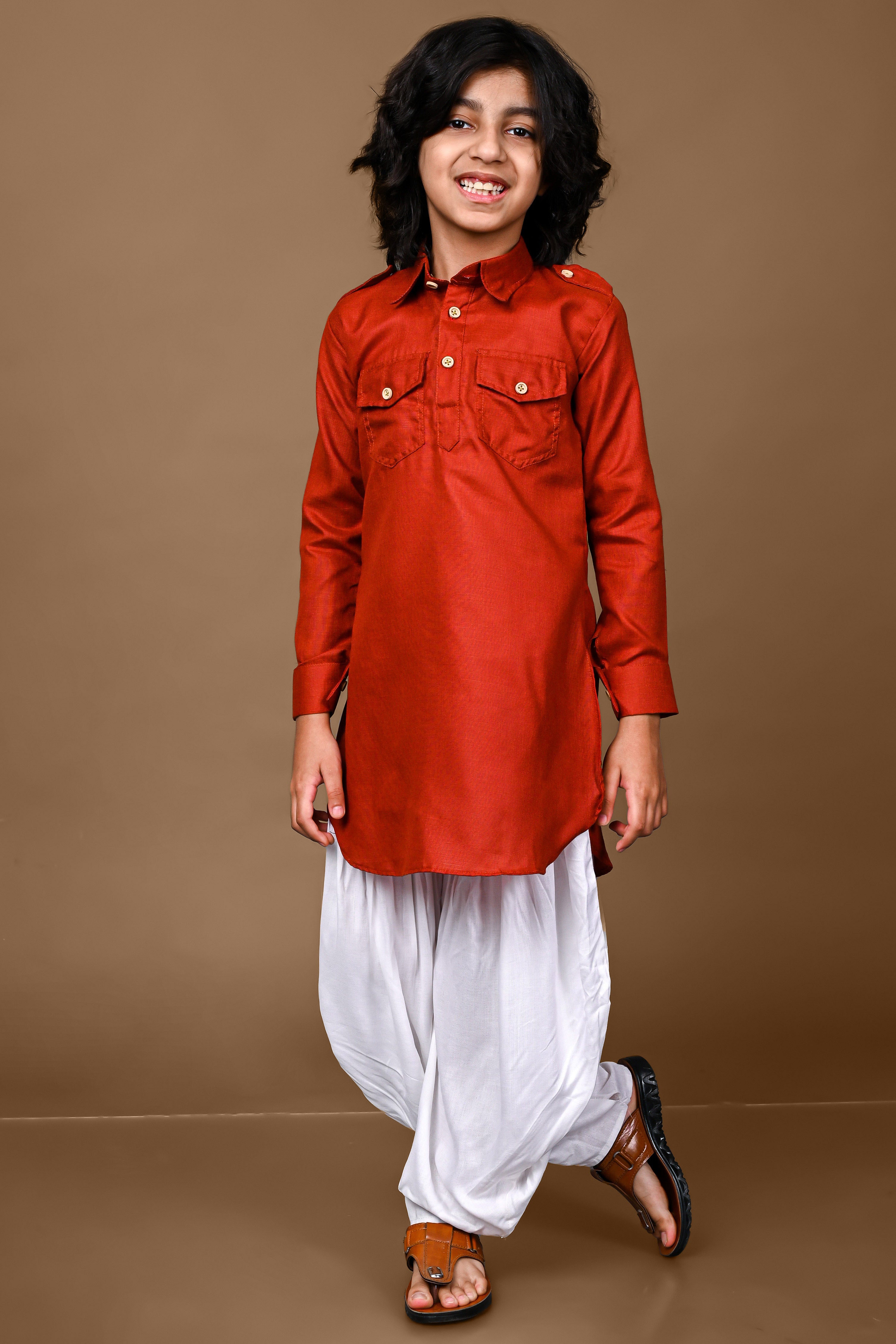 Cotton Blend Rust Pathani Patiala Set Vesham Retails