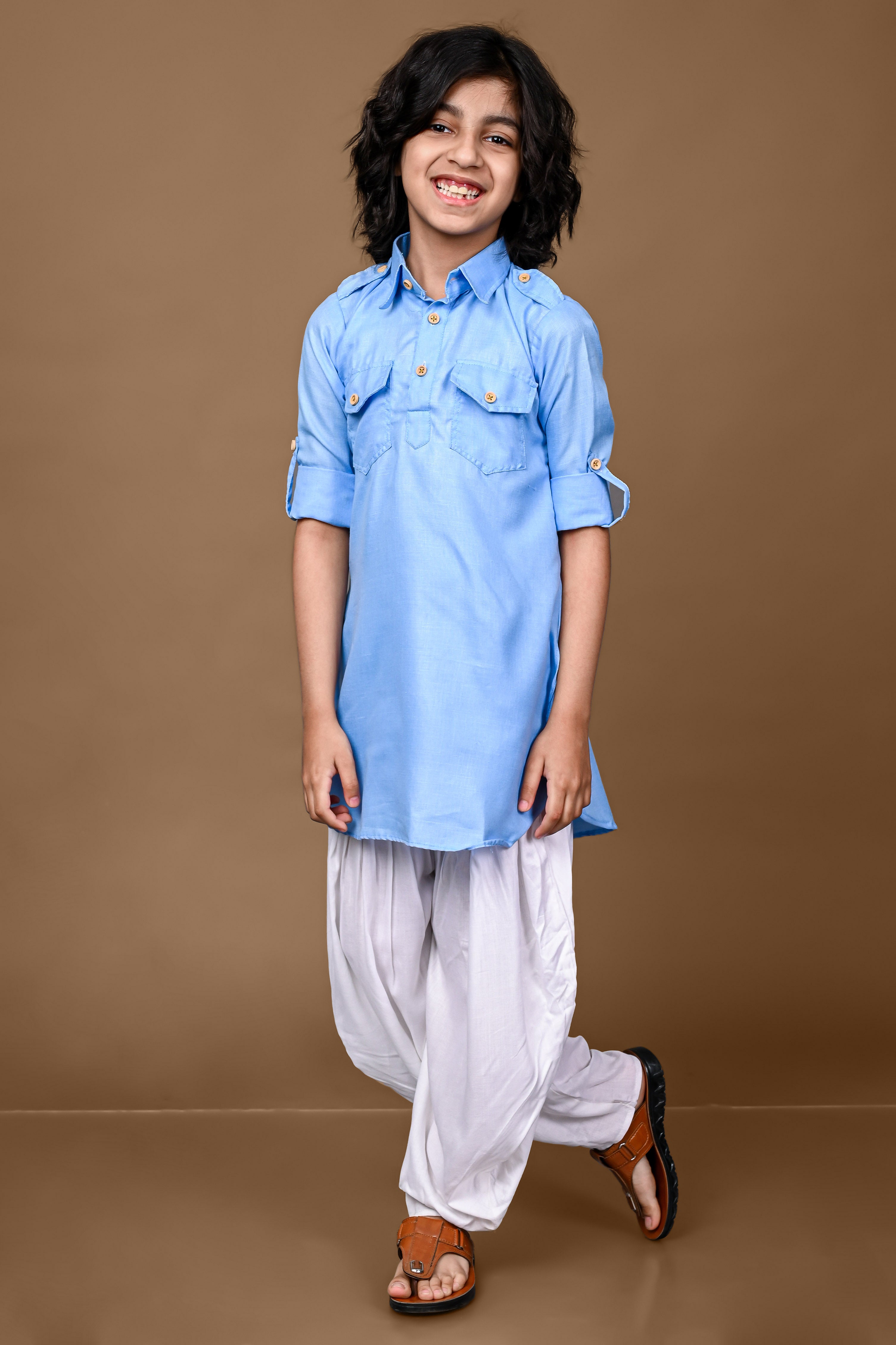 Cotton Blend Sky Blue Pathani Patiala Set Vesham Retails