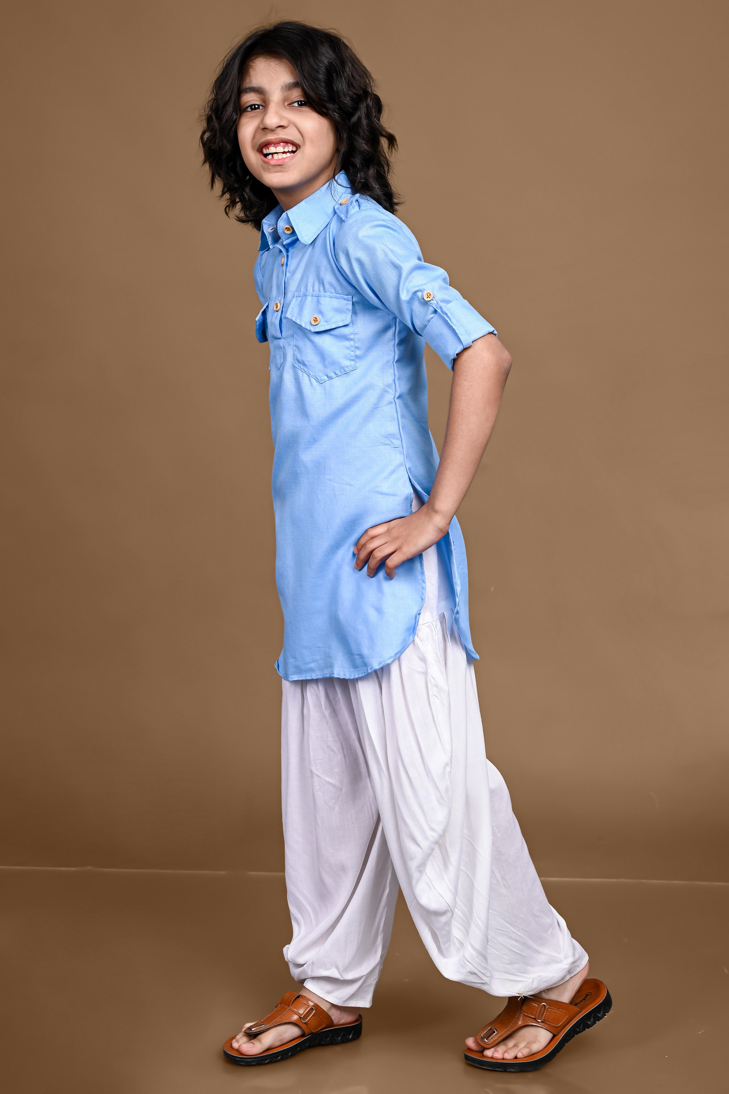 Cotton Blend Sky Blue Pathani Patiala Set Vesham Retails