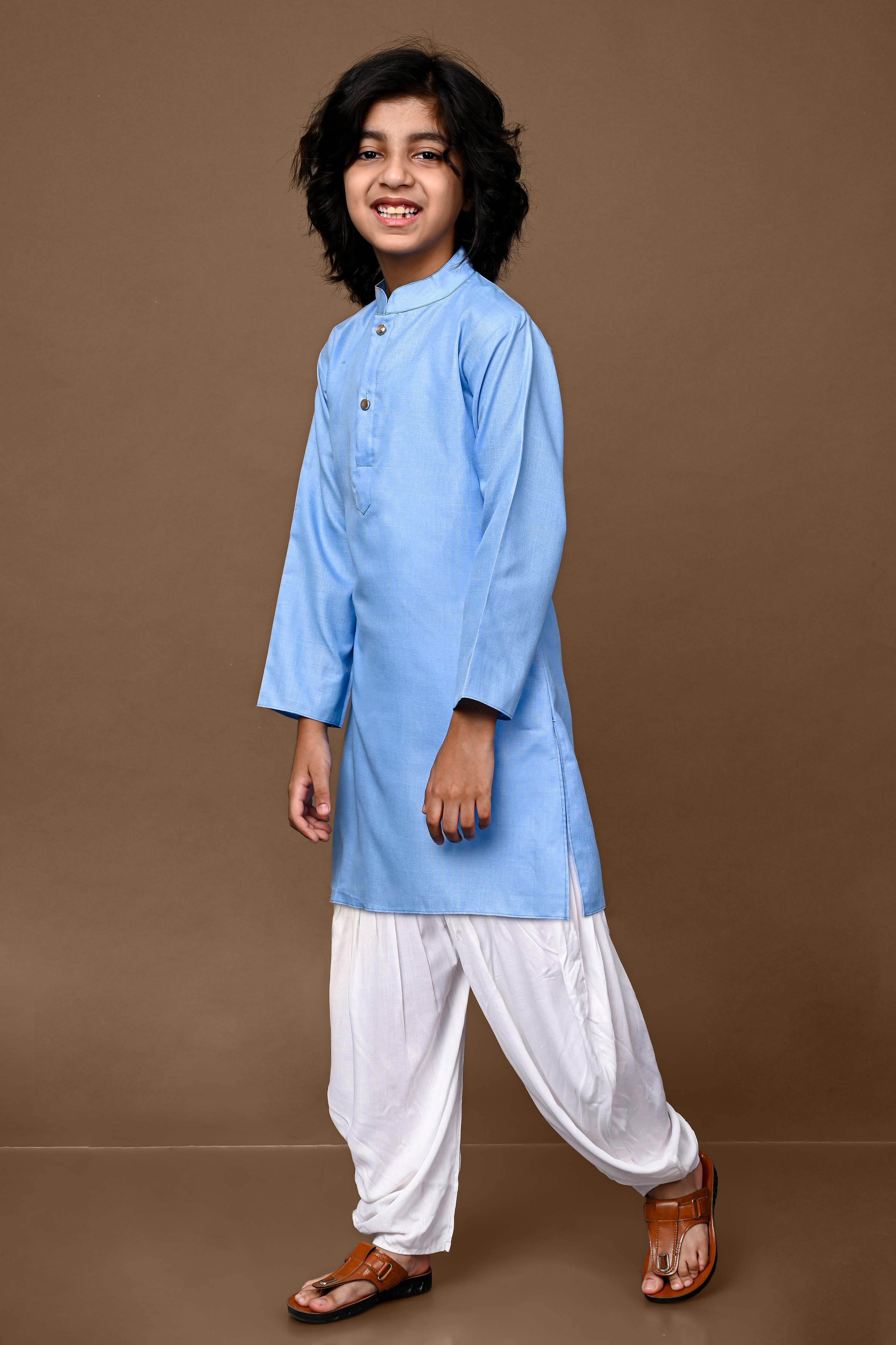 Cotton Blend Sky Blue Kurta With Pajama Set Vesham Retails