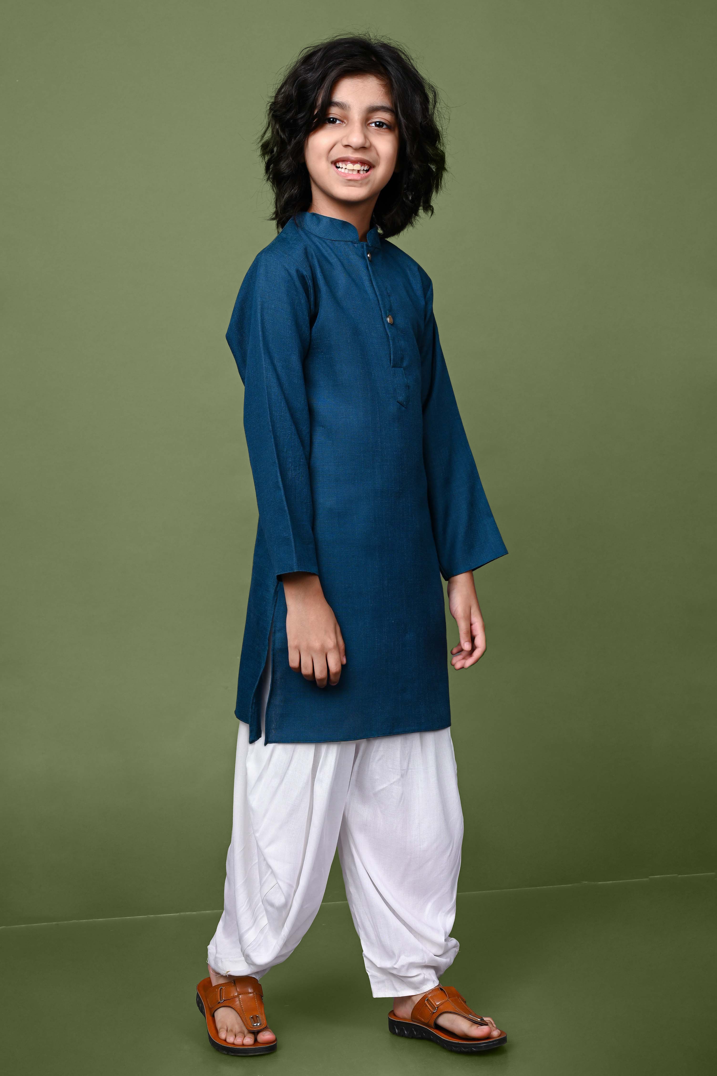 Cotton Blend Teal Blue Kurta With Dhoti Set Vesham Retails