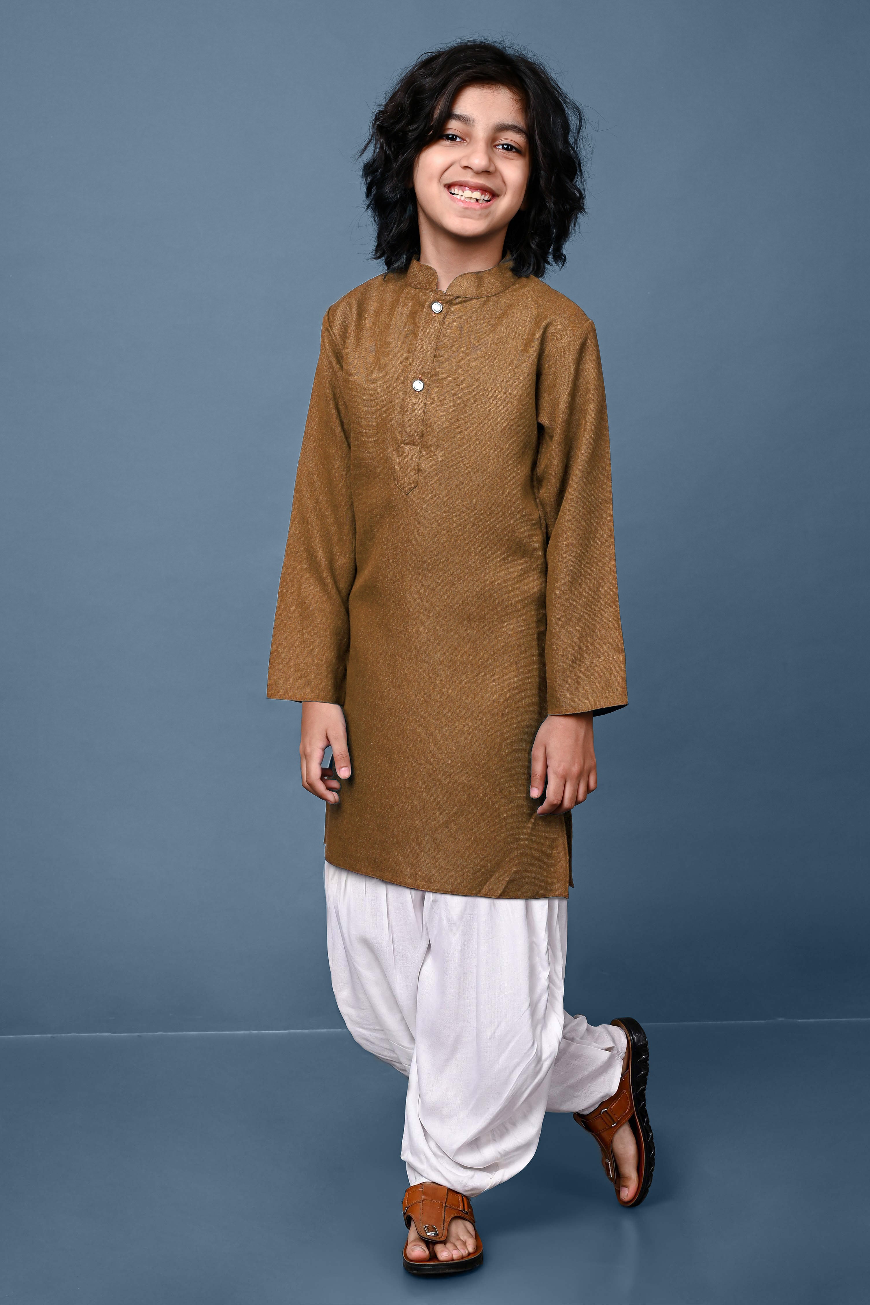 Cotton Blend Khaki Kurta With Dhoti Set Vesham Retails