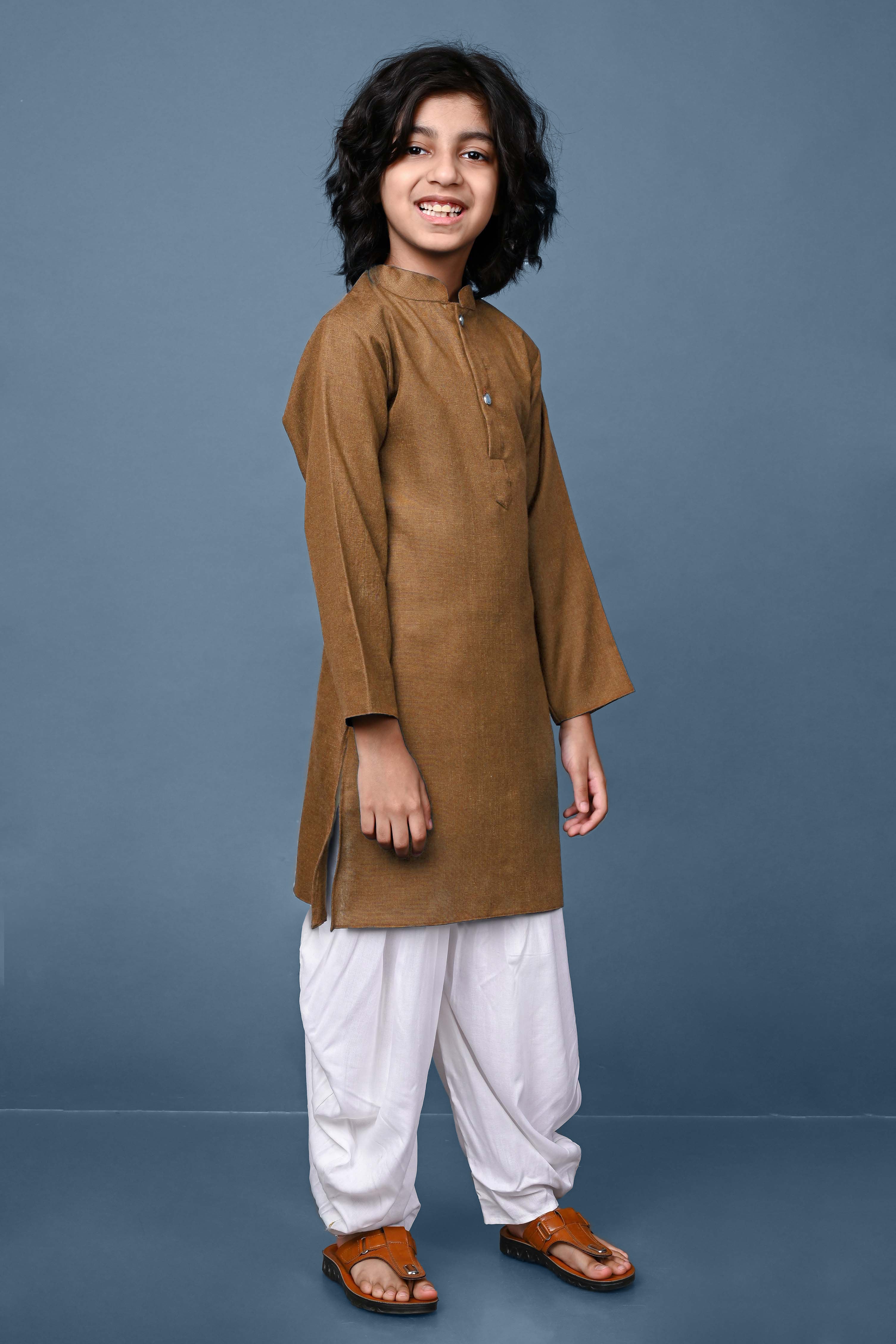 Cotton Blend Khaki Kurta With Dhoti Set Vesham Retails