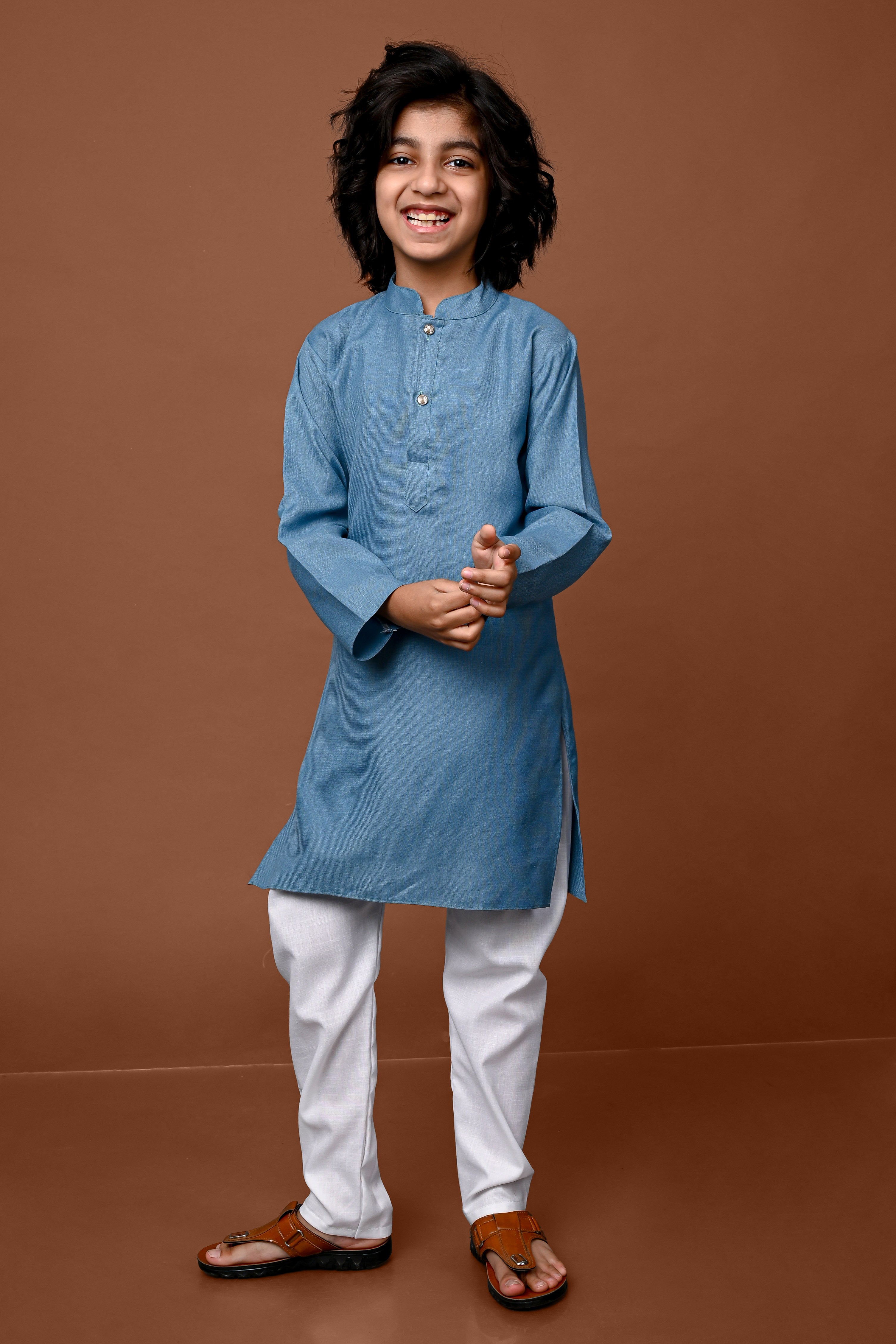 Steel Blue Solid Boys Kurta Pajama Set Vesham Retails