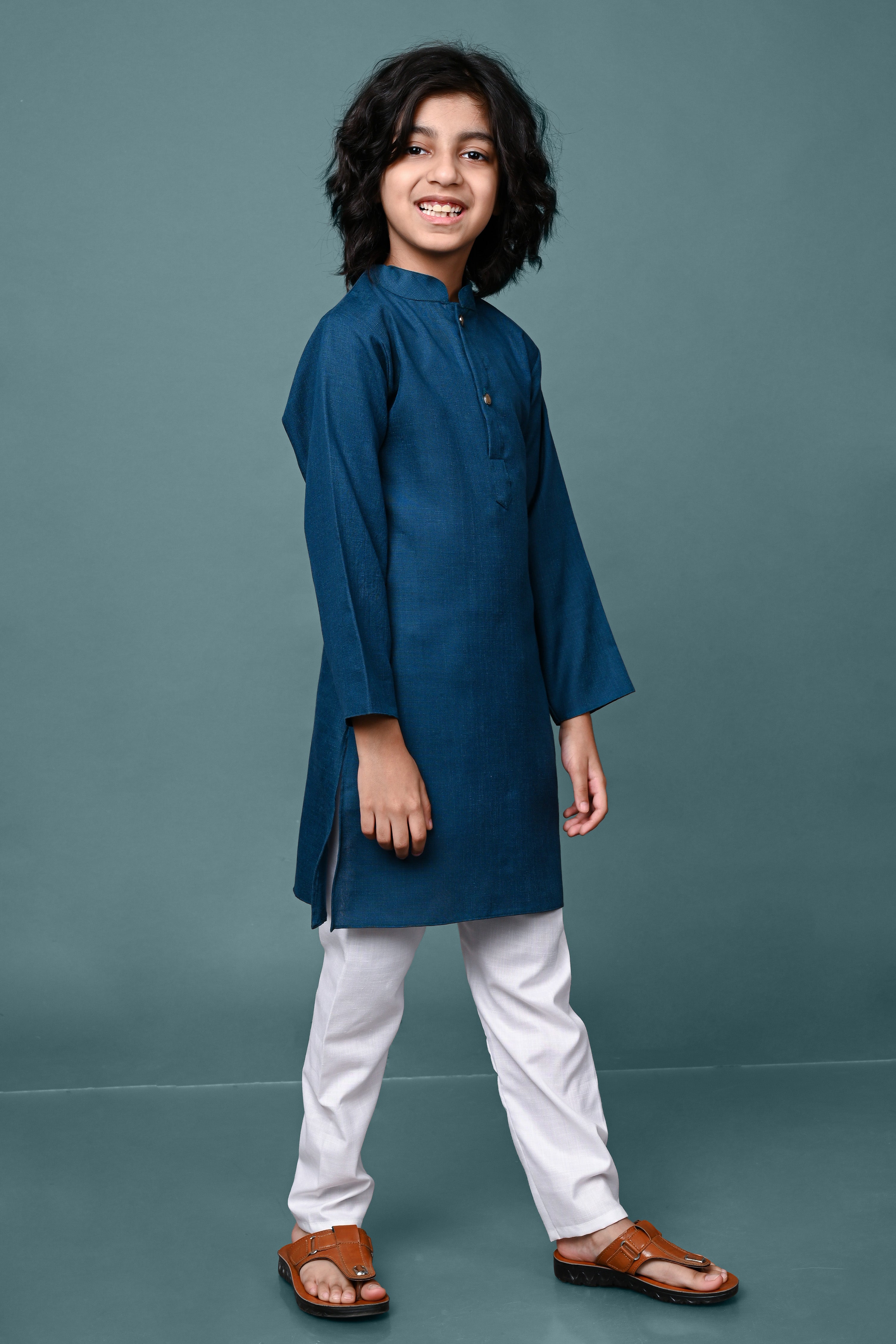 Teal Blue Solid Boys Kurta Pajama Set Vesham Retails