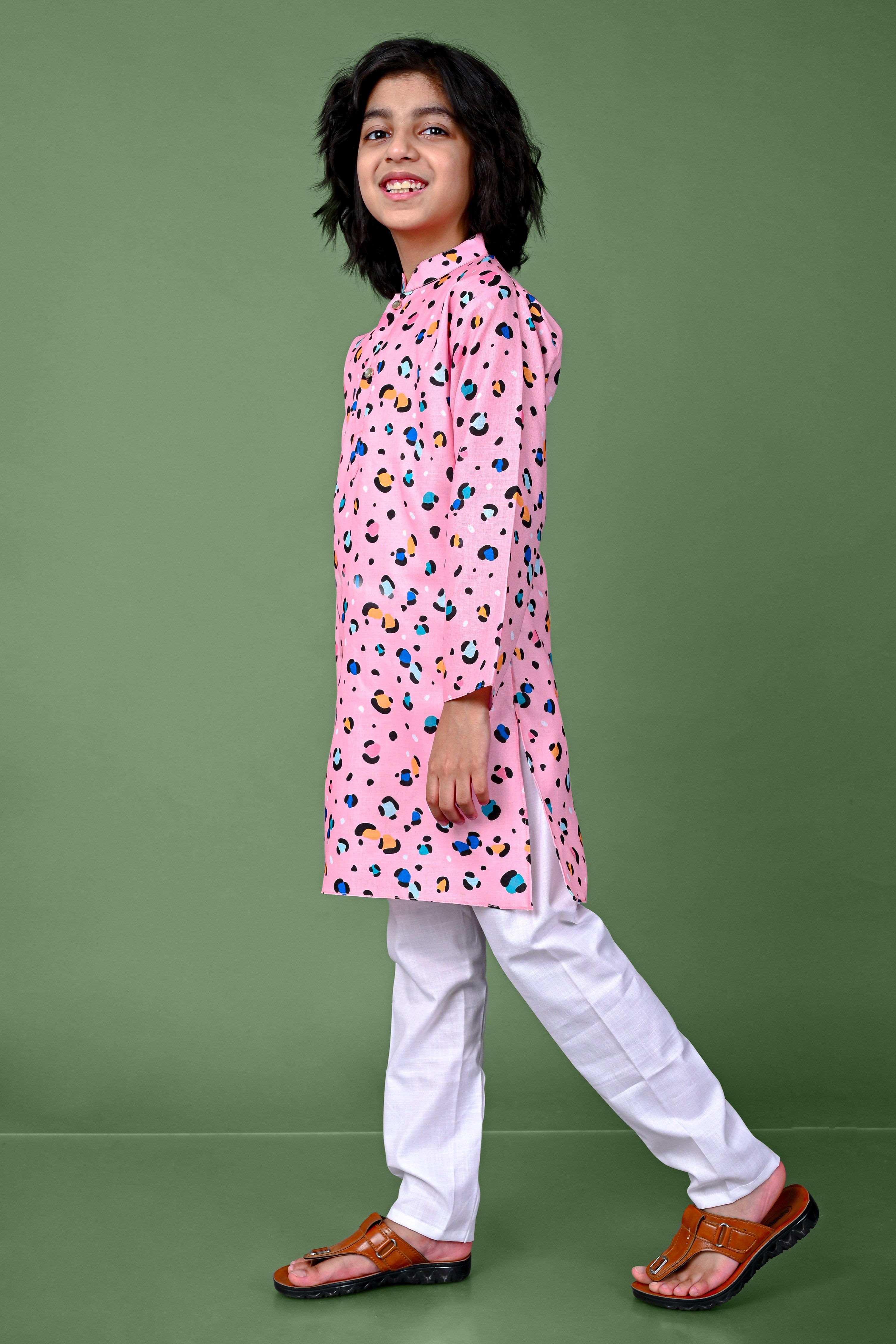 Animal Print Cotton Blend Pink Kurta Pajama Set Vesham Retails