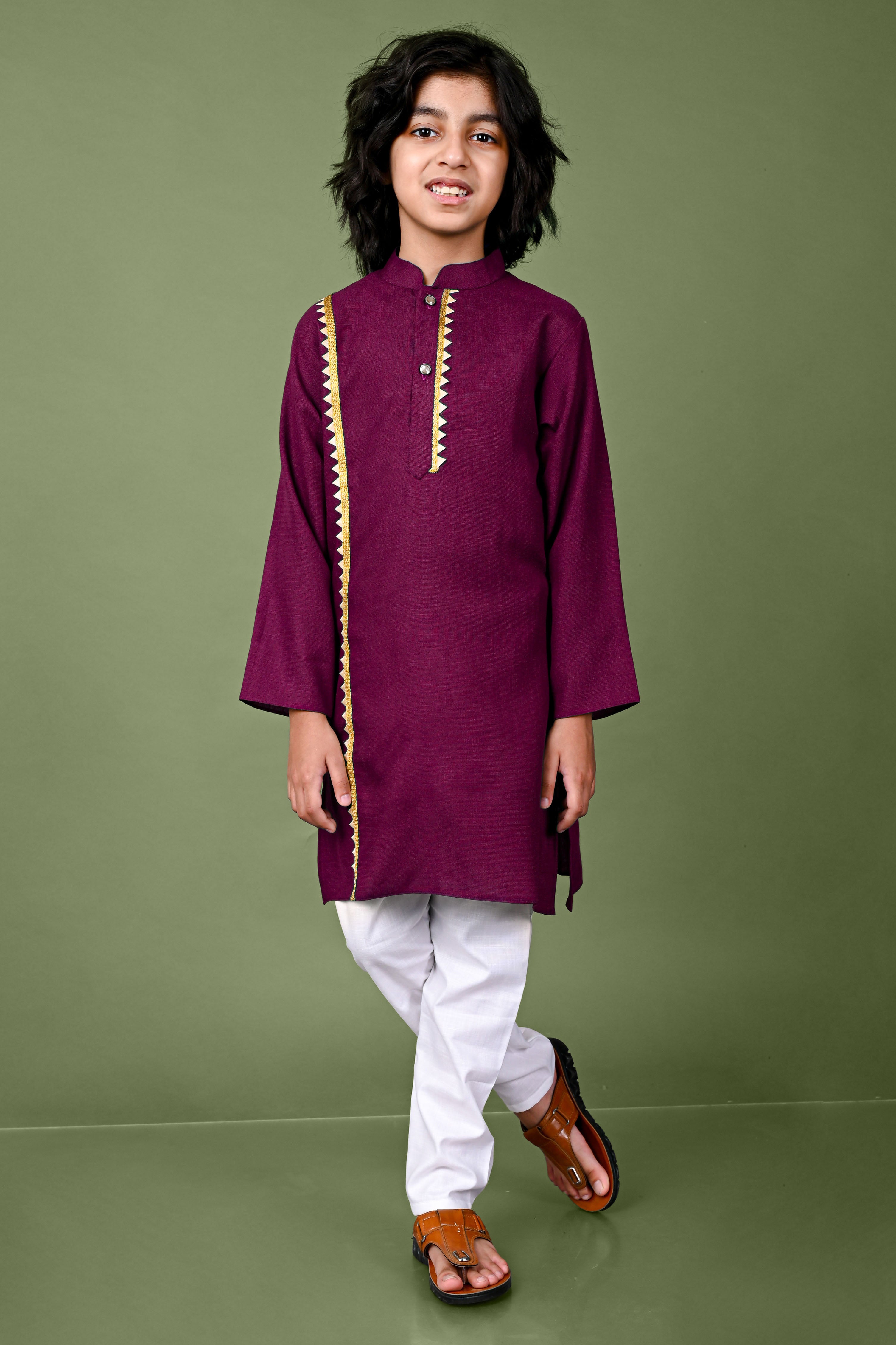 Wine Golden Lace Work Kurta And Pajama Set Vesham Retails