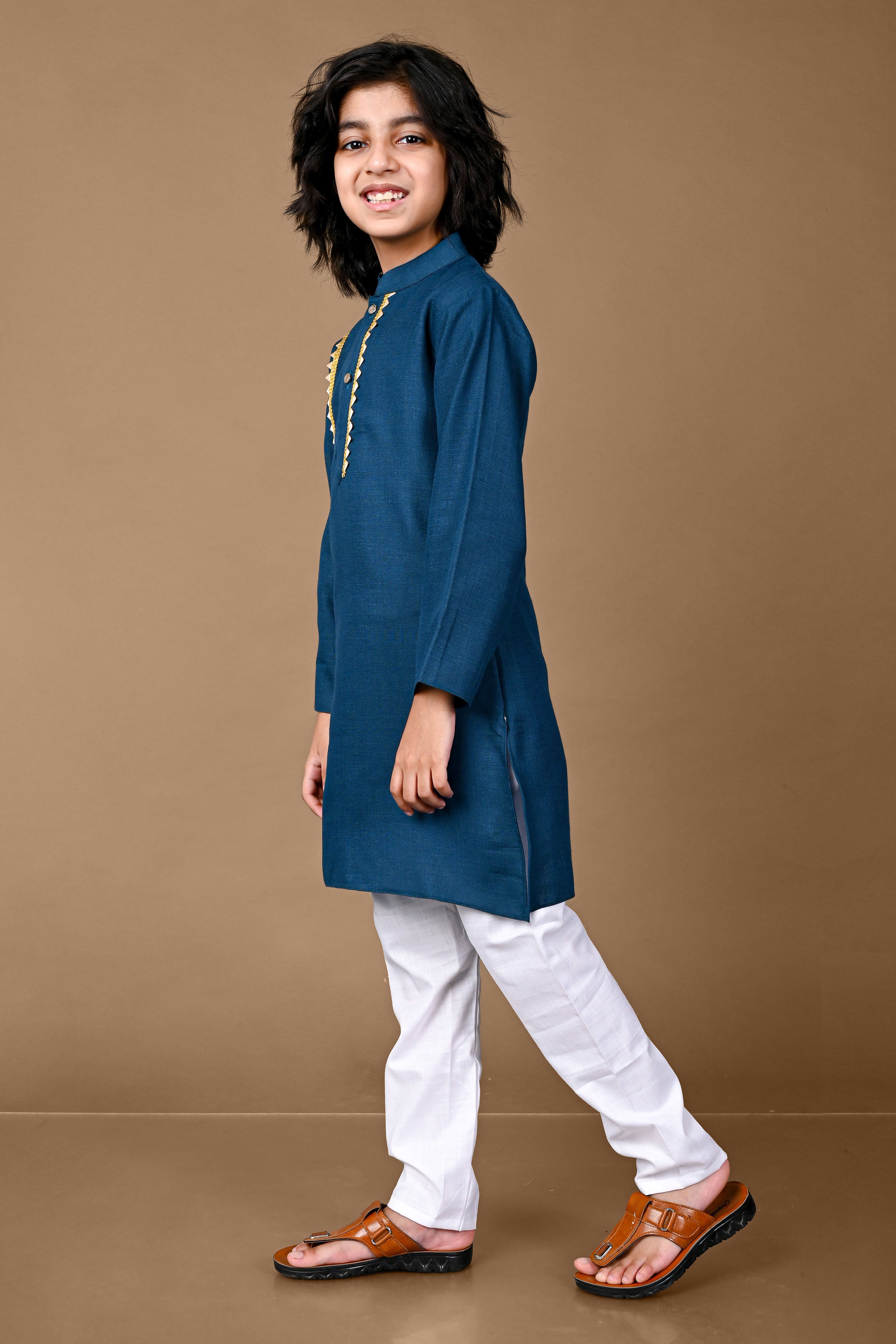 Teal Blue Golden Lace Work Kurta And Pajama Set Vesham Retails