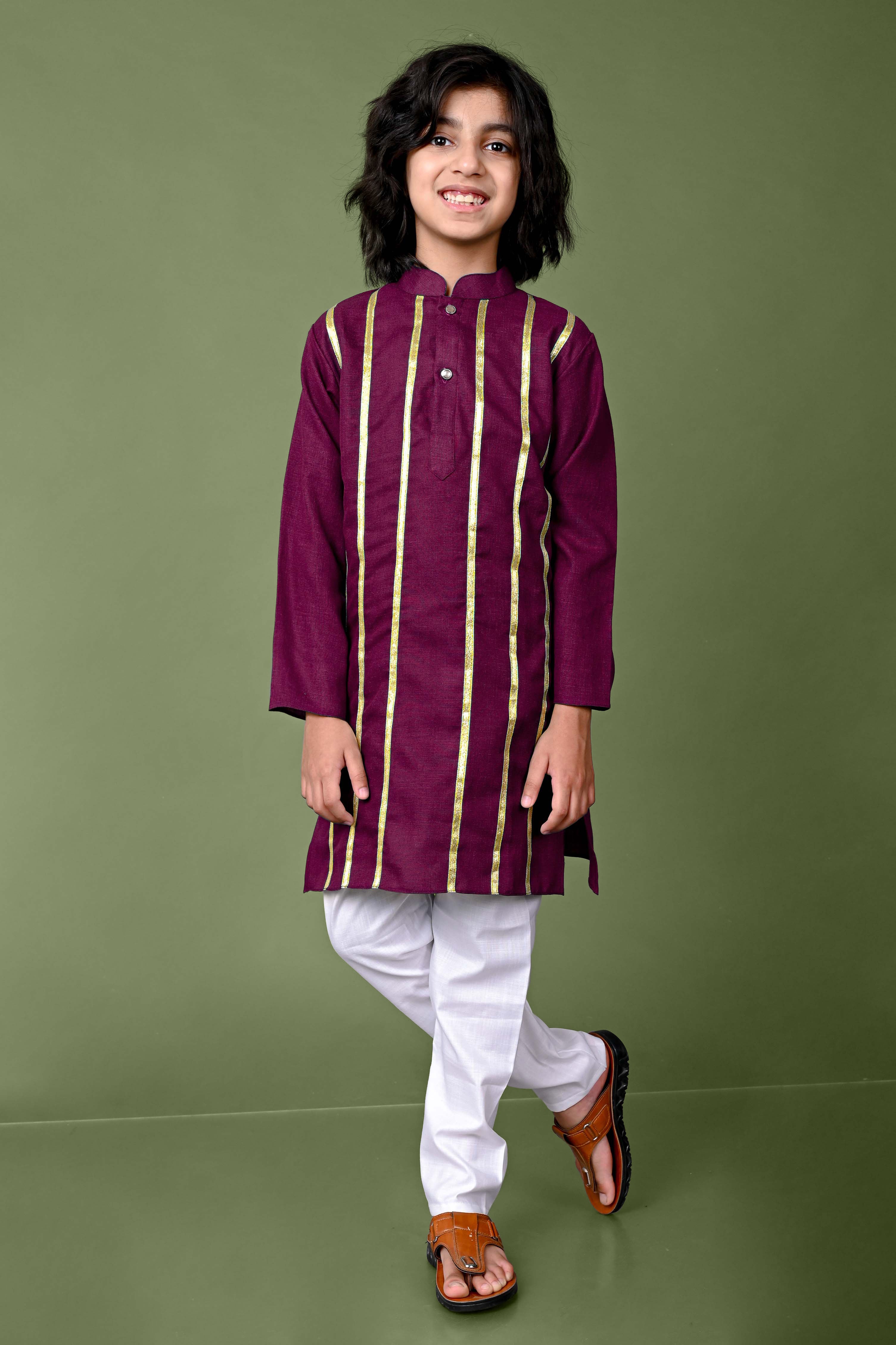 Cotton Golden Lace Work Wine Kurta And Pajama Set Vesham Retails