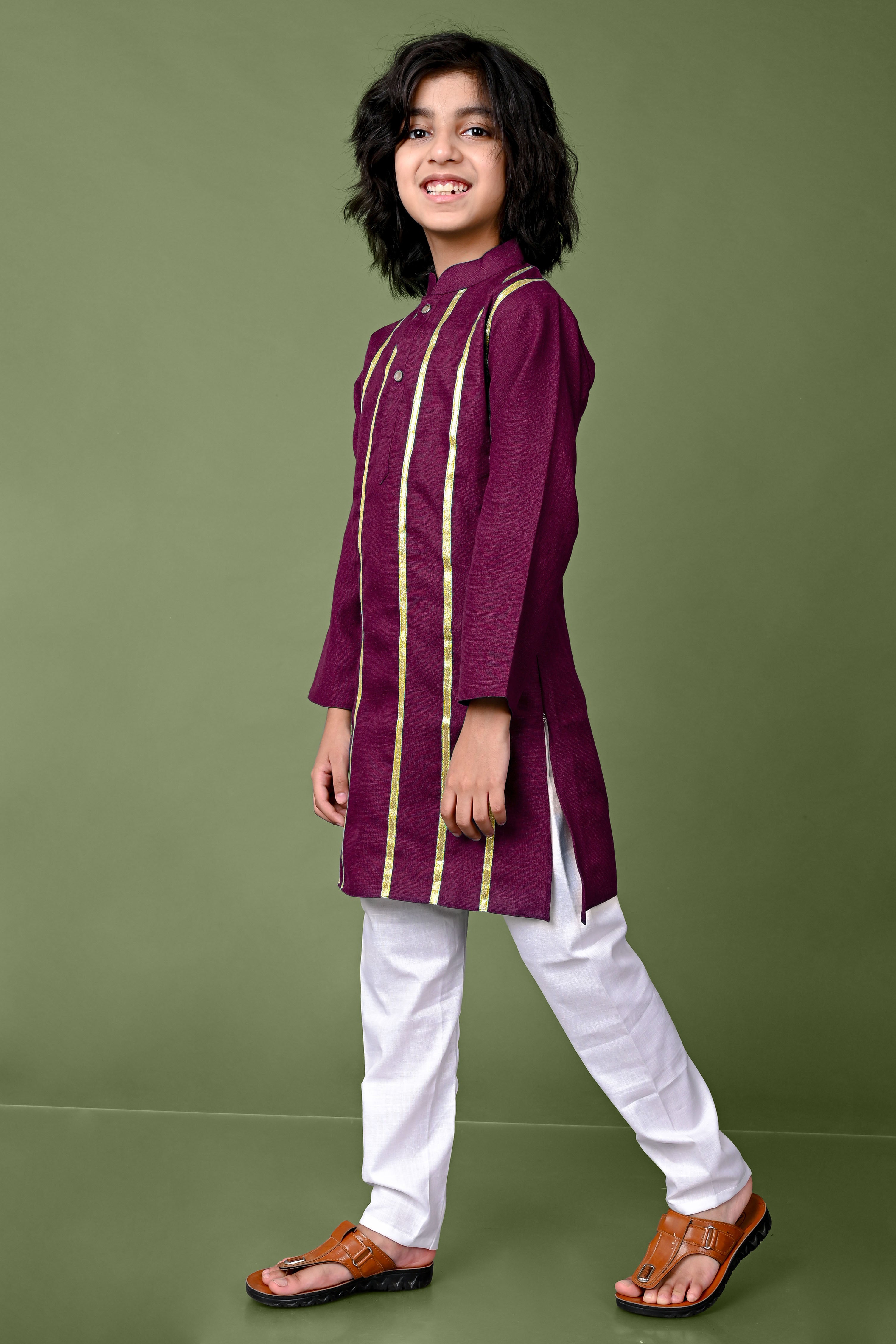 Cotton Golden Lace Work Wine Kurta And Pajama Set Vesham Retails