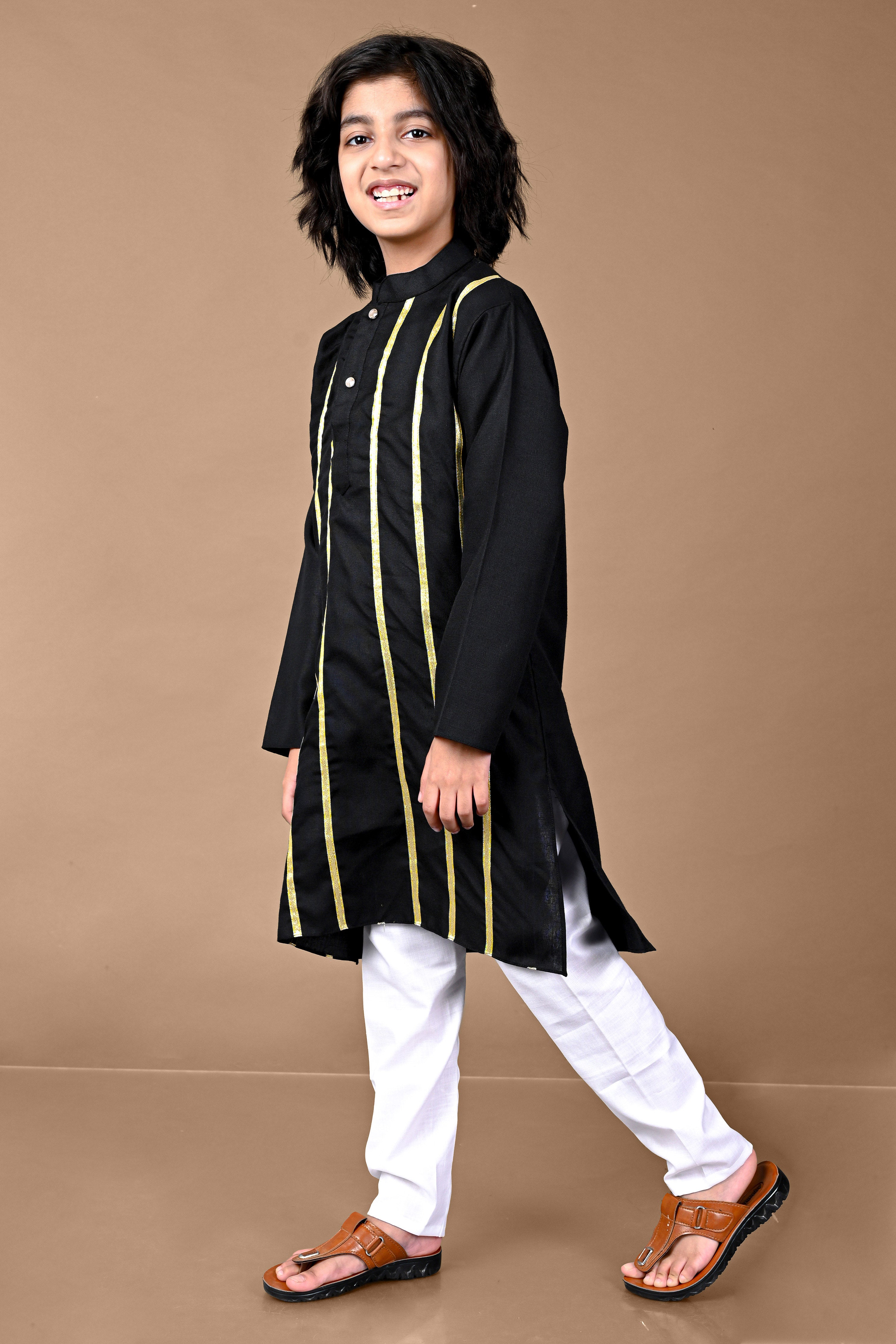 Cotton Golden Lace Work Black Kurta And Pajama Set Vesham Retails