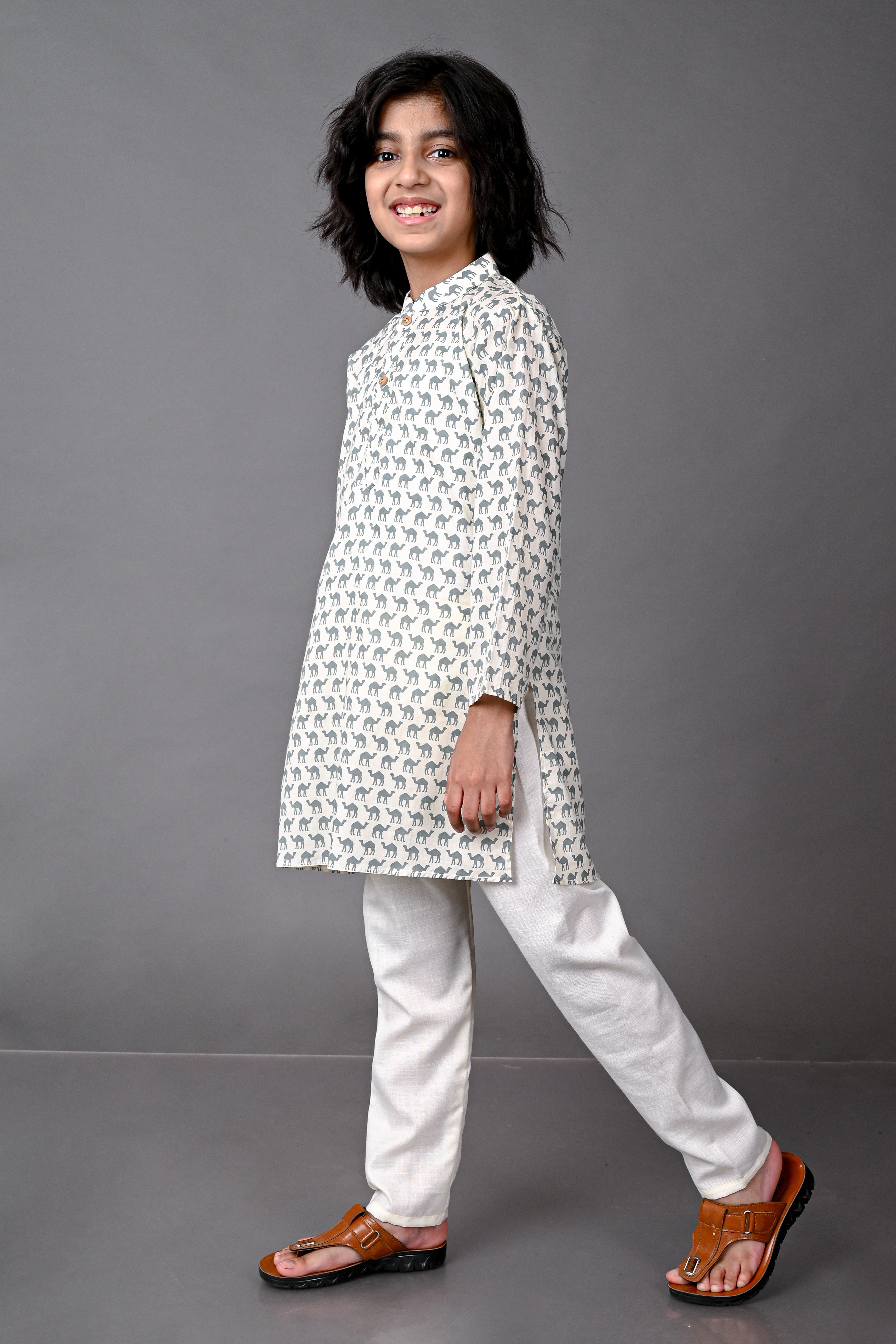 Camel Print Beige Kurta Pajama Set Vesham Retails