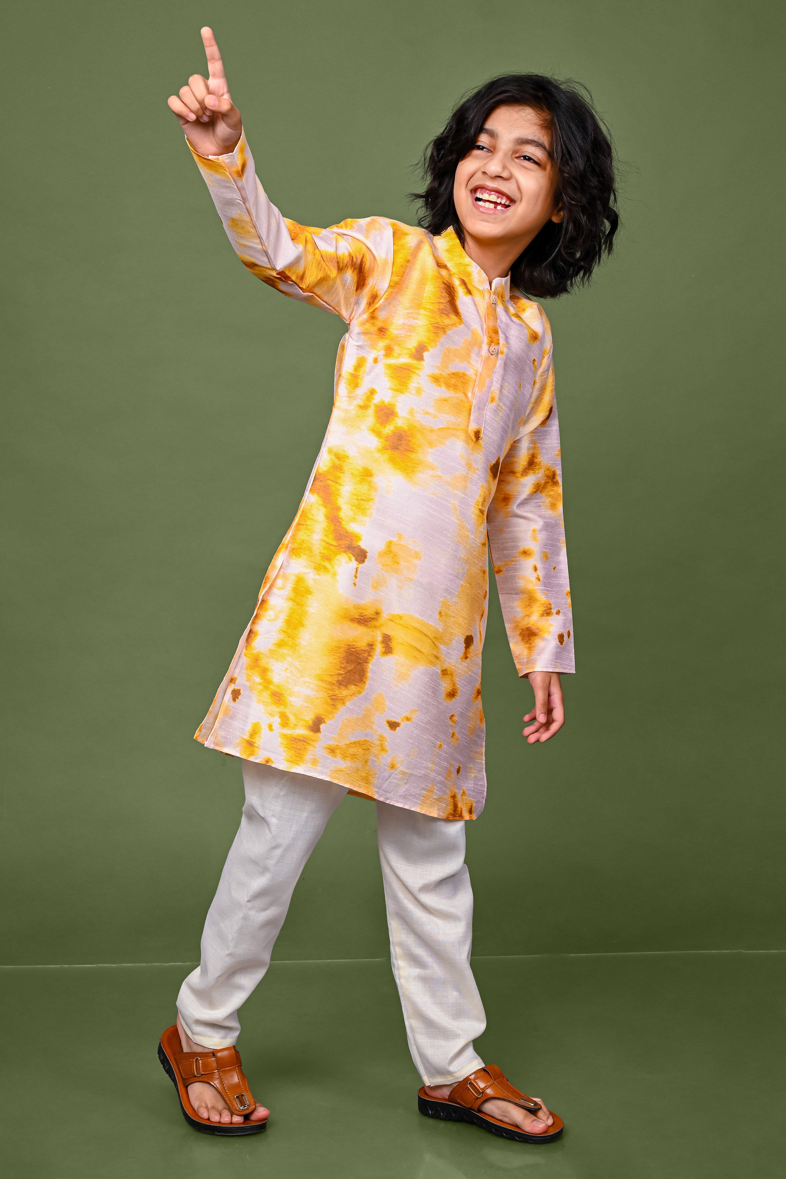 White And Yellow Printed Cotton Silk Boys Kurta Pajama Set Vesham Retails