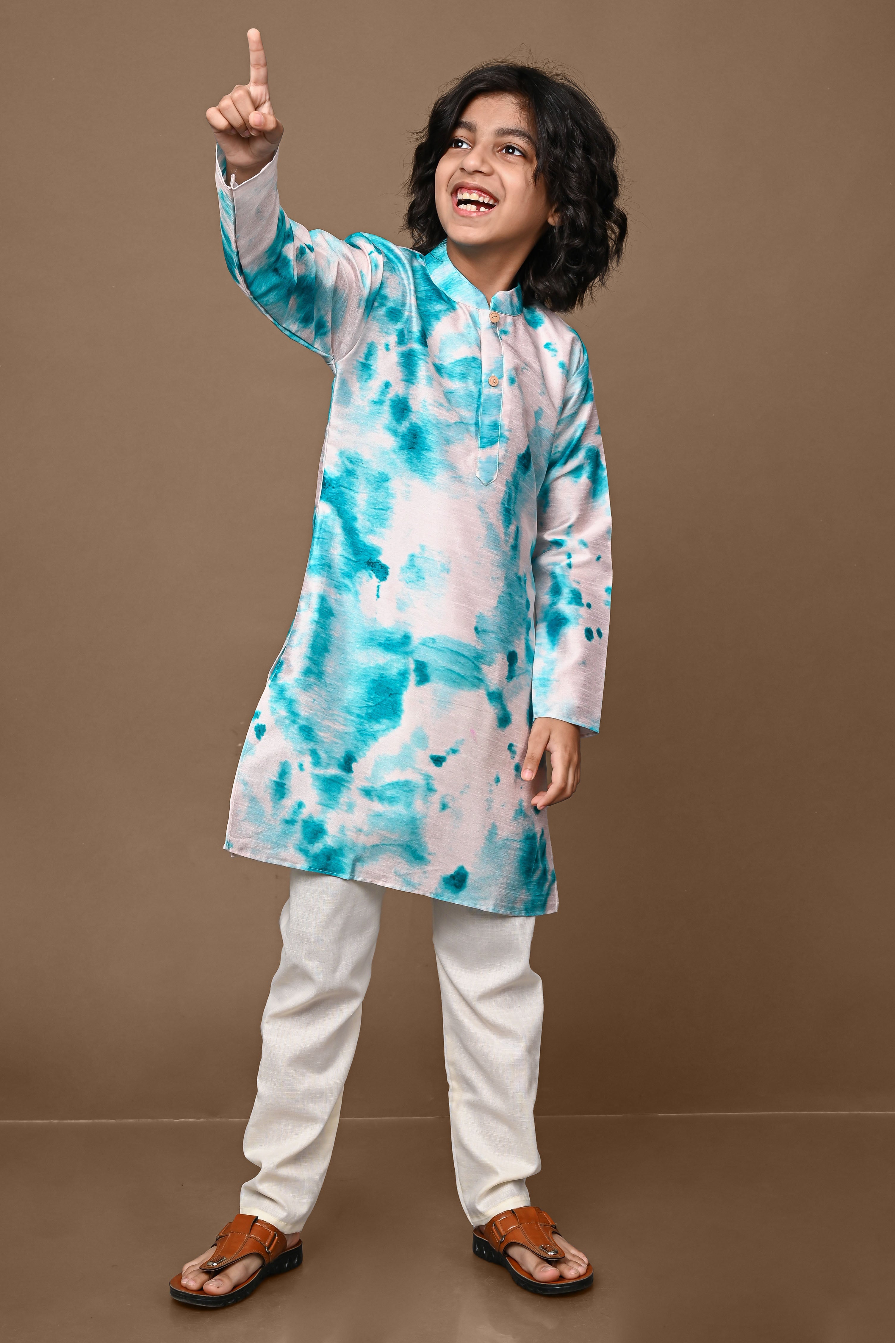 White And Aqua Printed Cotton Silk Boys Kurta Pajama Set Vesham Retails