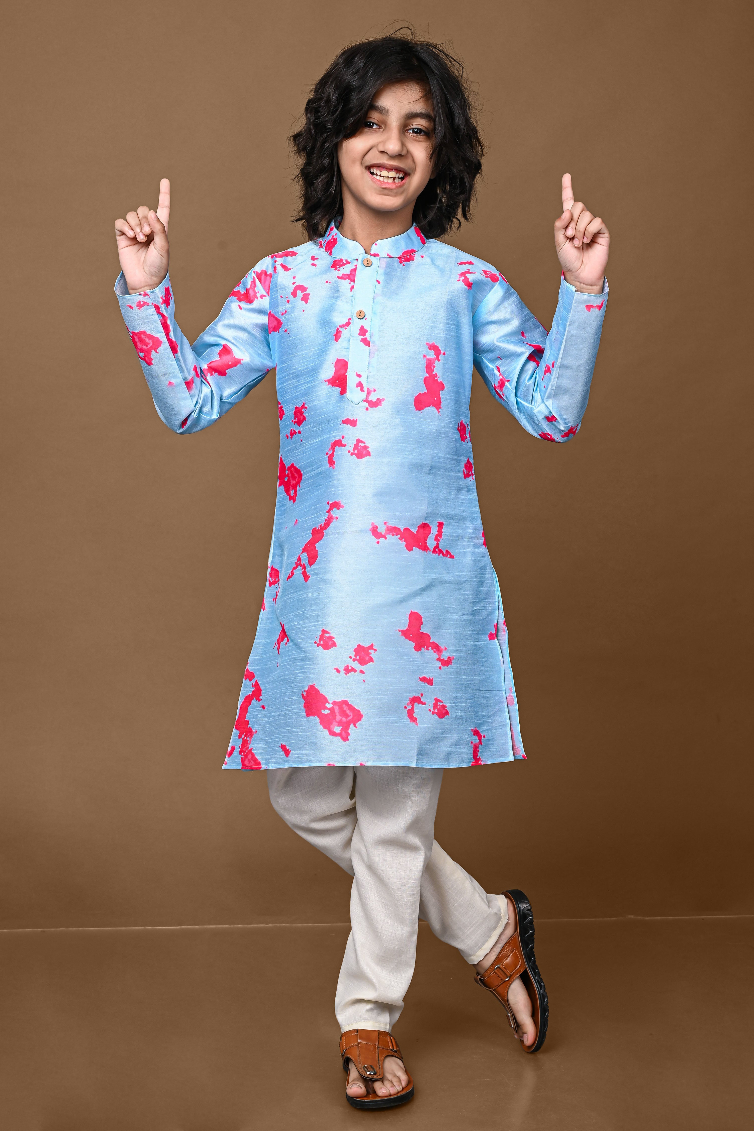 Sky And Pink Printed Cotton Silk Boys Kurta Pajama Set Vesham Retails