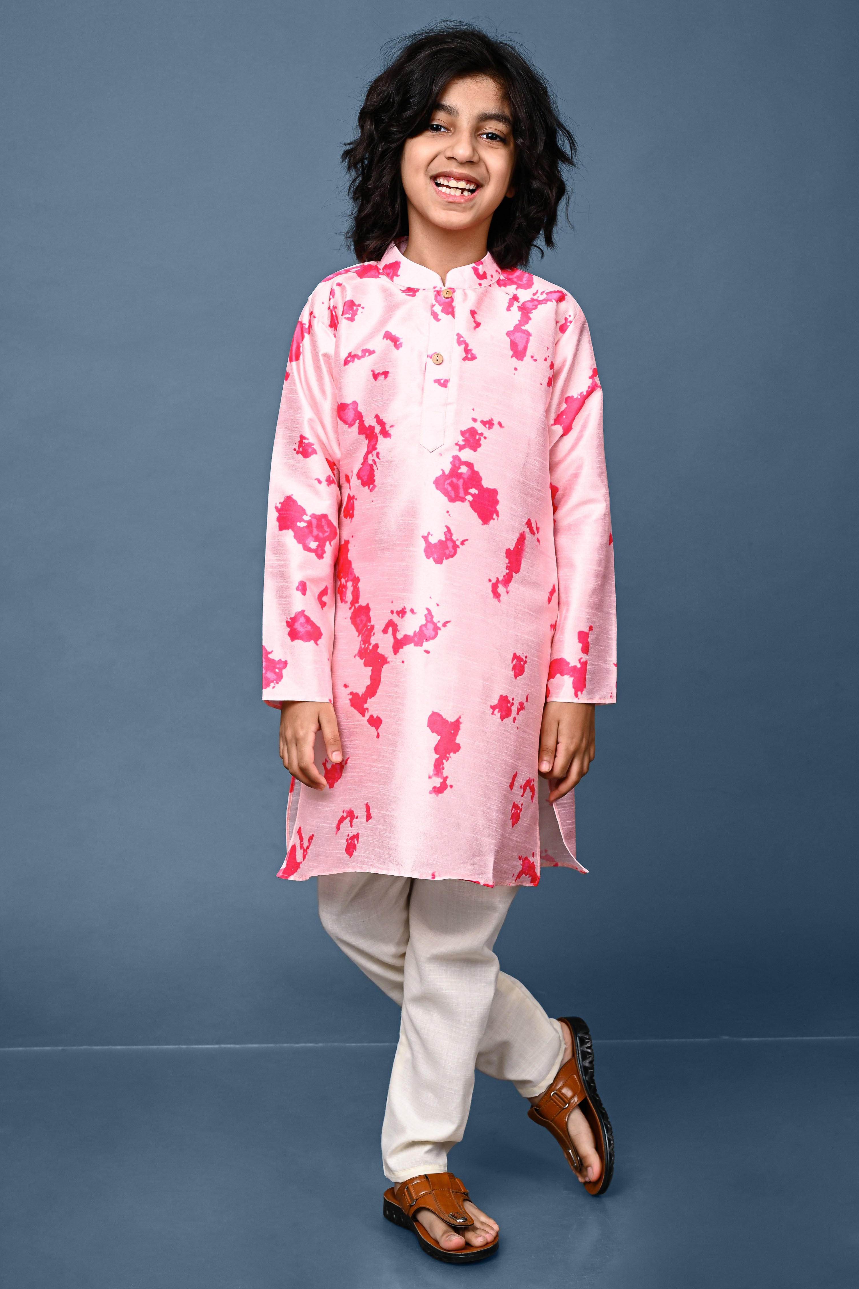 Pink Printed Cotton Silk Boys Kurta Pajama Set Vesham Retails