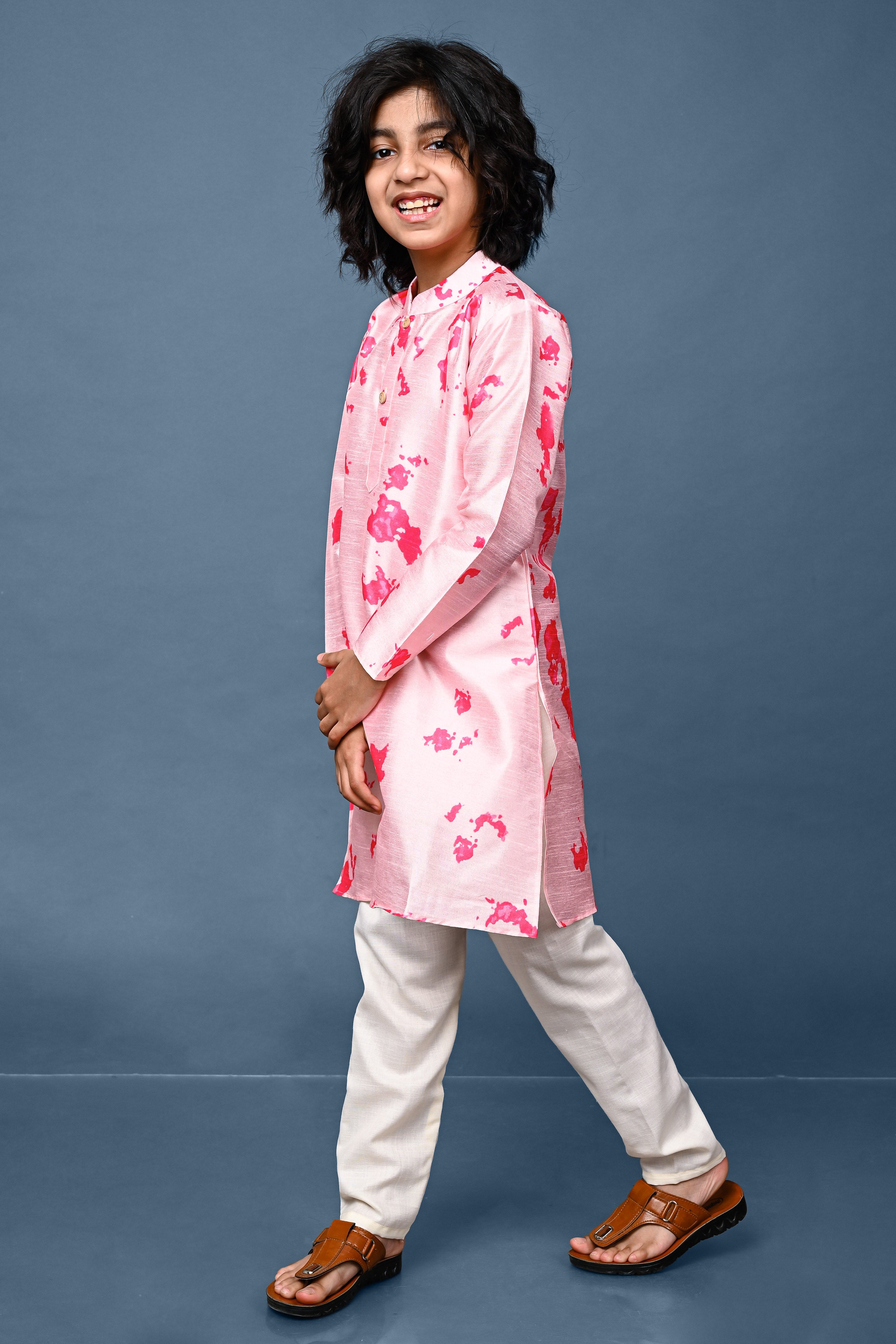 Pink Printed Cotton Silk Boys Kurta Pajama Set Vesham Retails