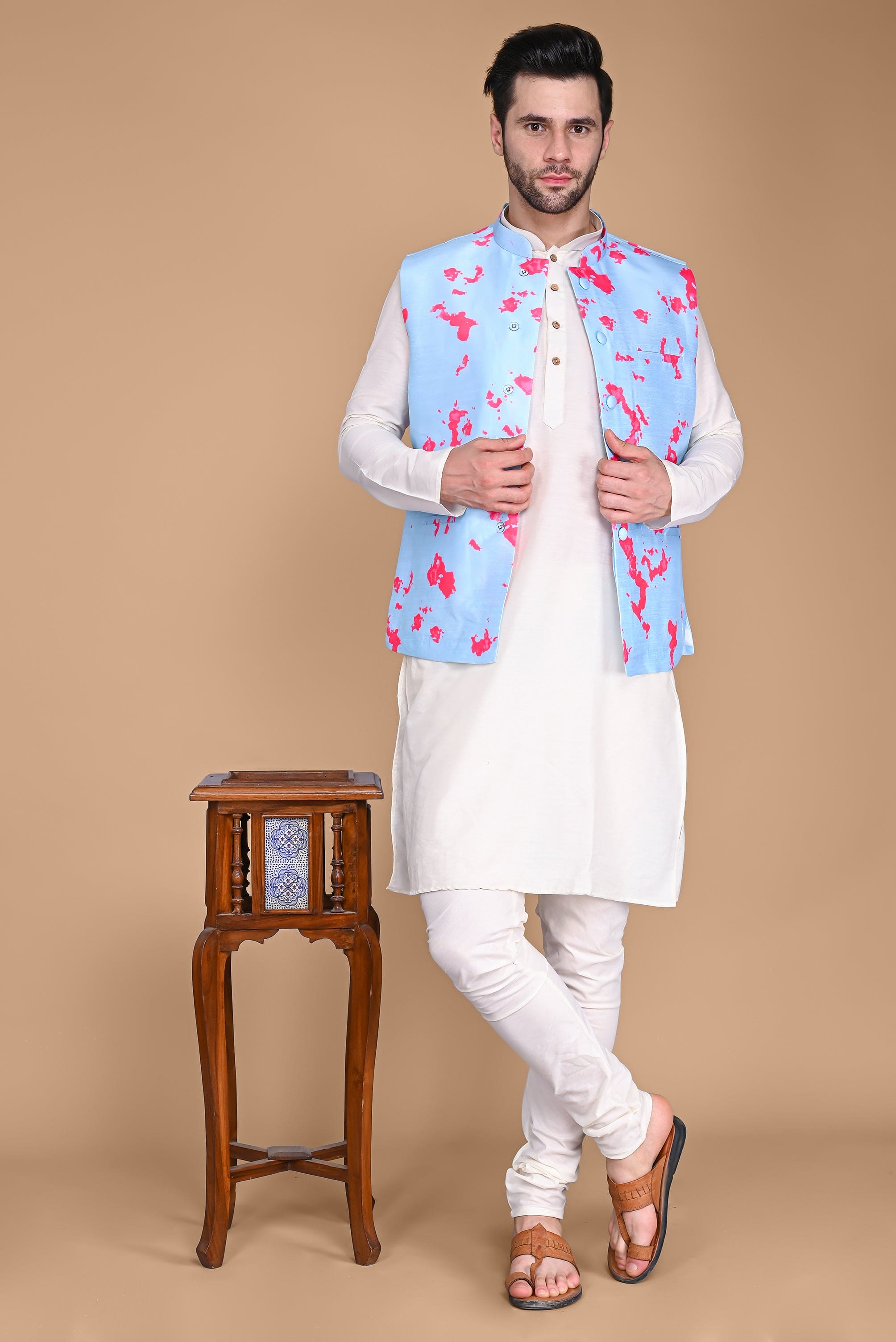 Blue And Pink Ethnic Jacket, Kurta and Churidar Set Vesham Retails