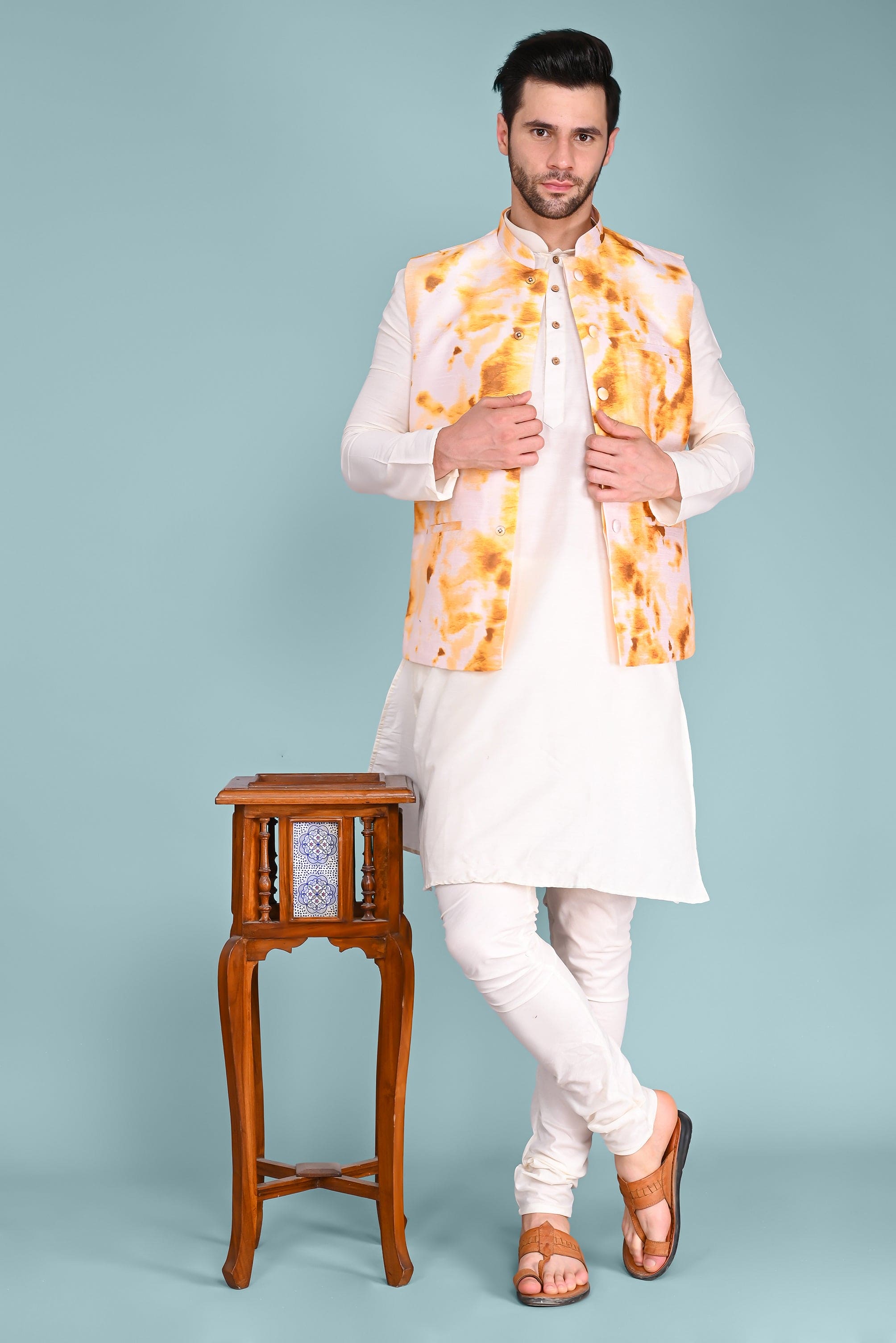 Yellow Ethnic Jacket, Kurta and Churidar Set Vesham Retails