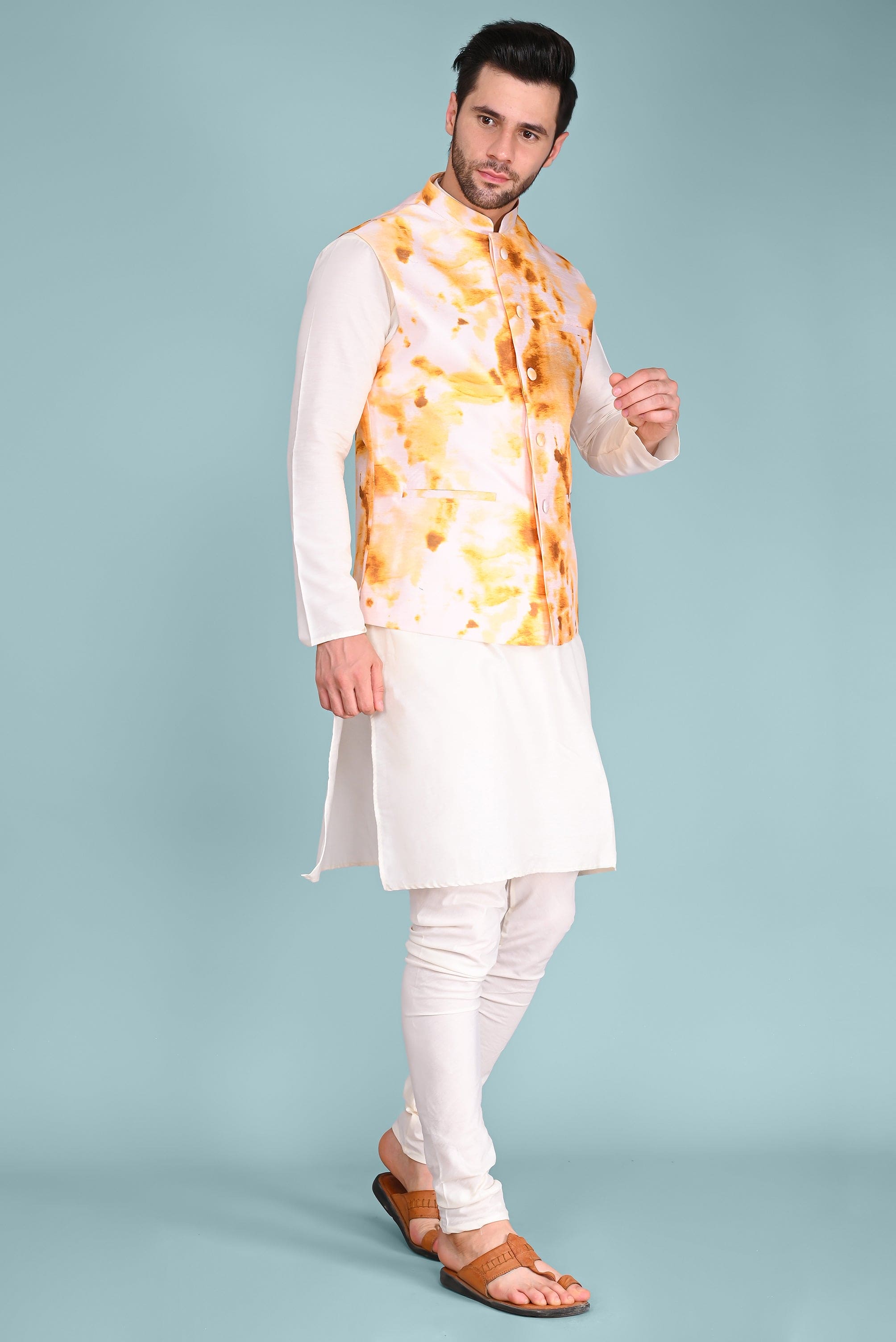 Yellow Ethnic Jacket, Kurta and Churidar Set Vesham Retails