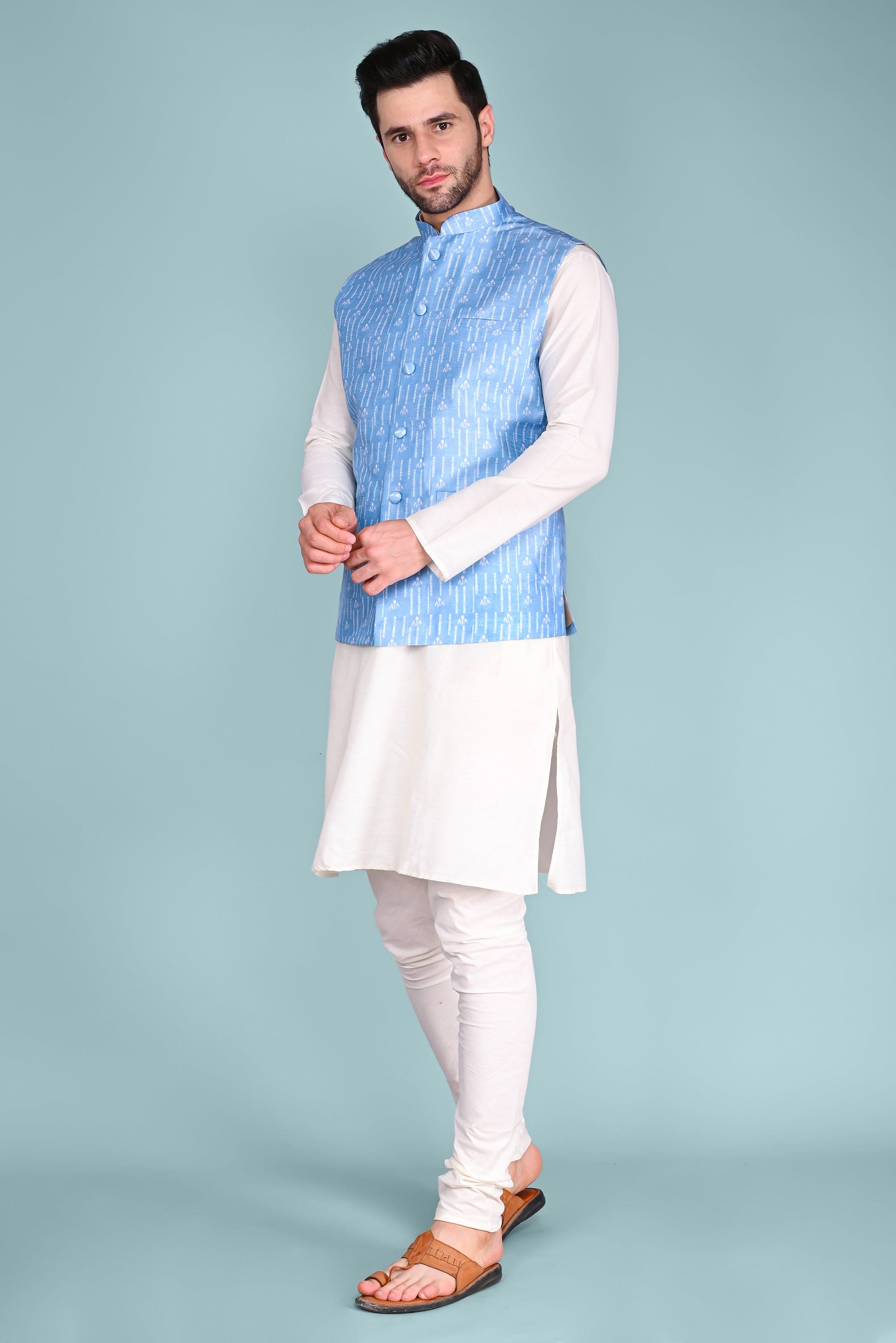 Light Blue Ethnic Jacket, Kurta and Churidar Set Vesham Retails