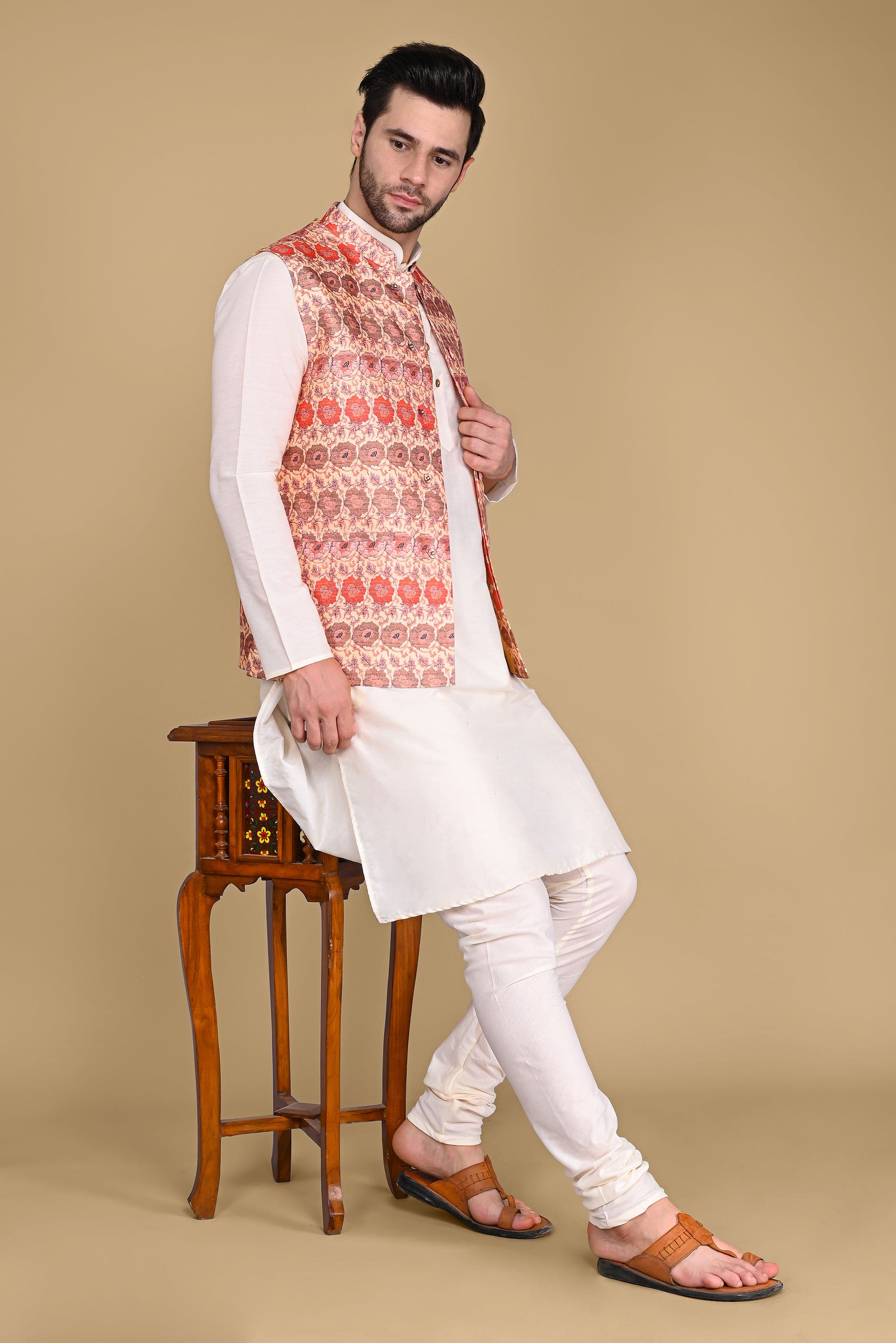 Red Ethnic Jacket, Kurta and Churidar Set Vesham Retails