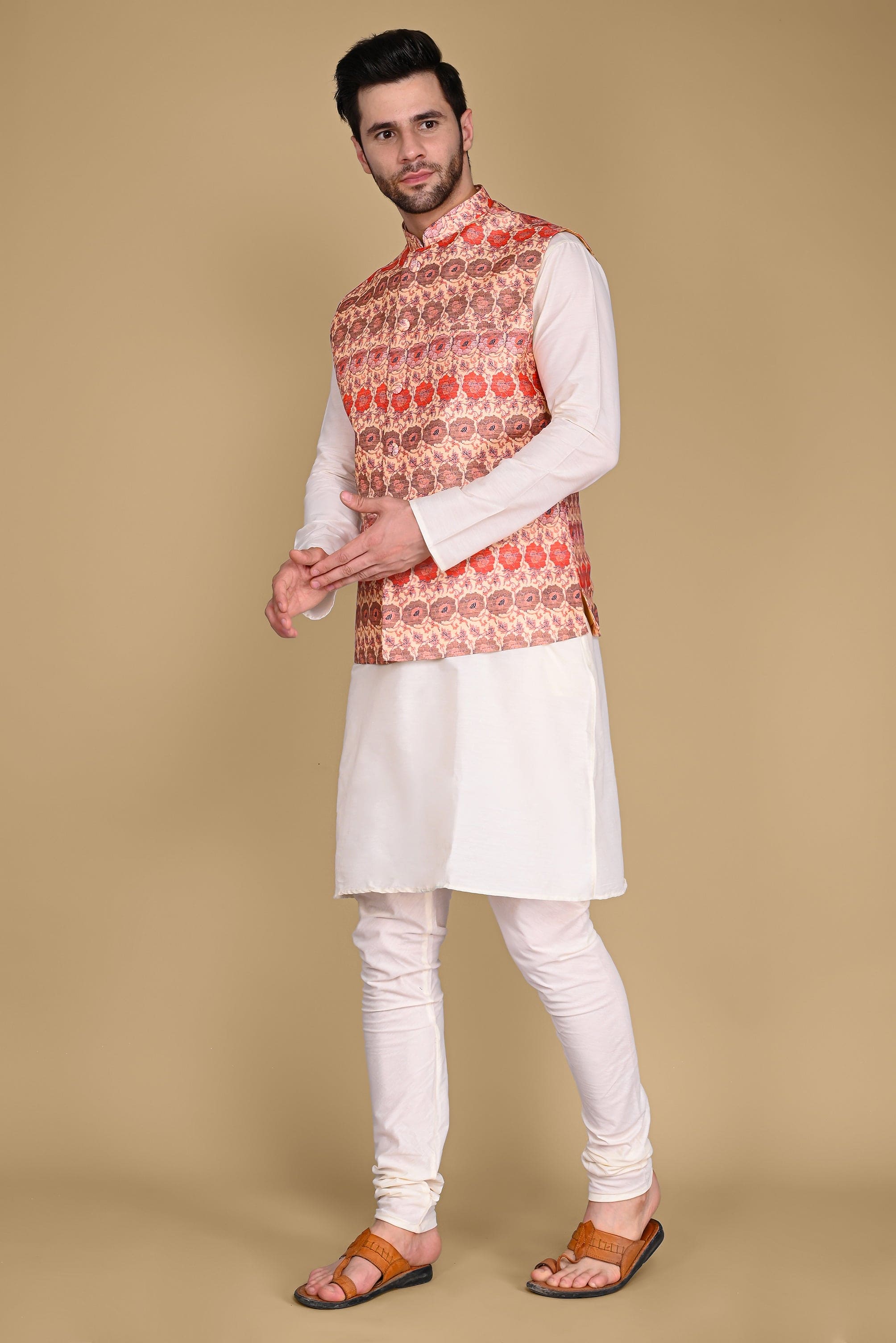 Red Ethnic Jacket, Kurta and Churidar Set Vesham Retails