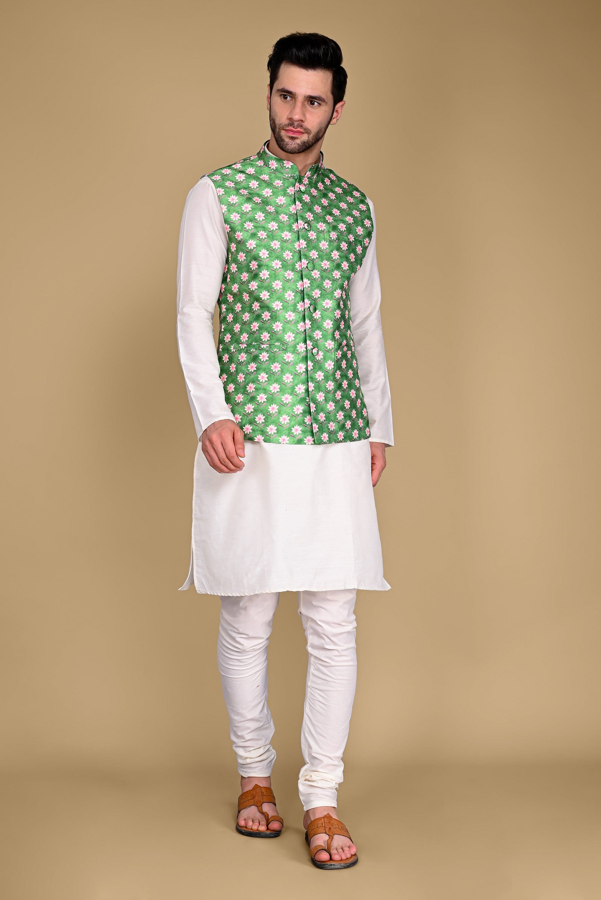 Green Ethnic Jacket, Kurta and Churidar Set Vesham Retails