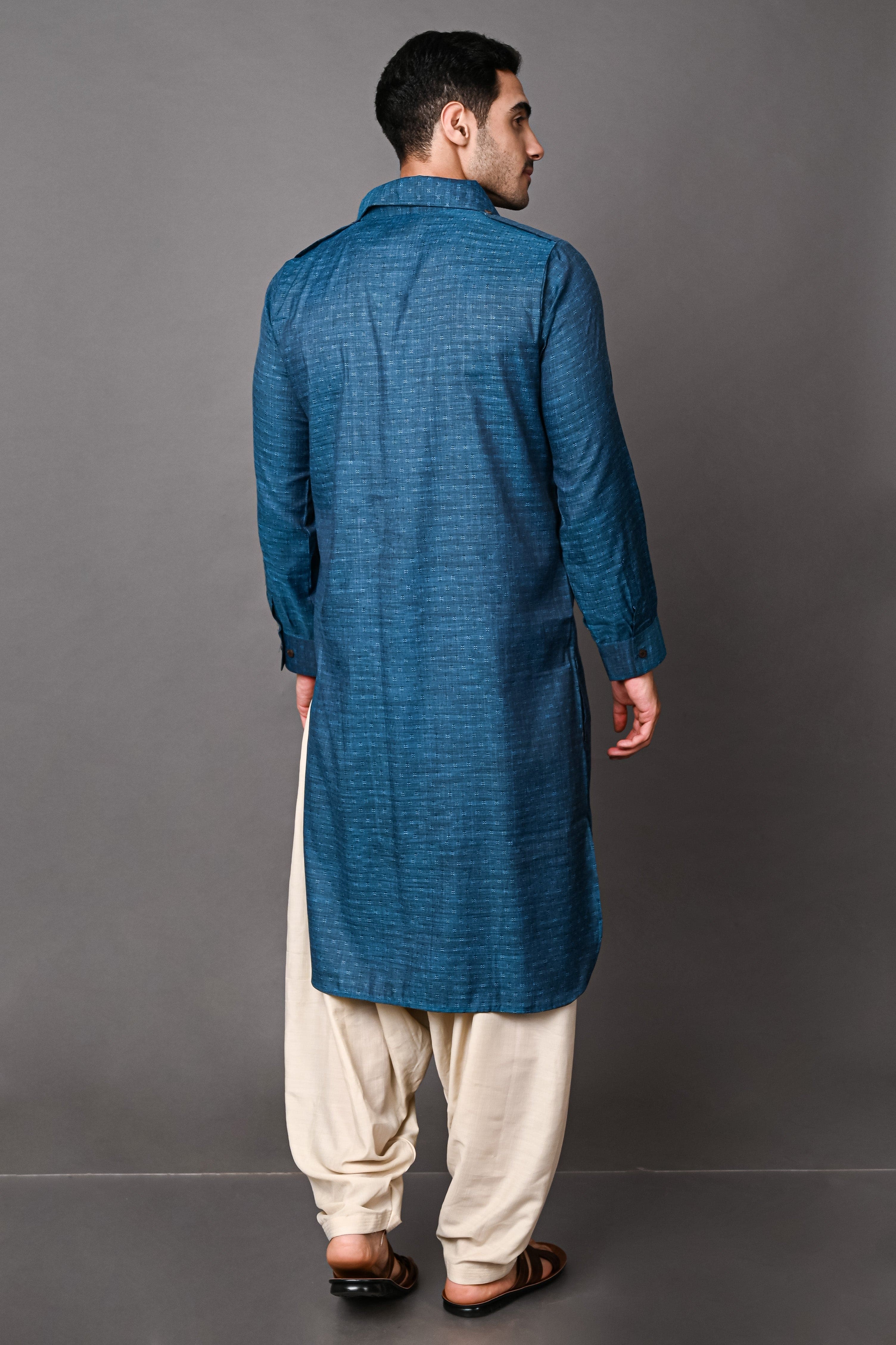 Mens Cotton Blend Teal Blue Pathani Patiyala Set Vesham Retails